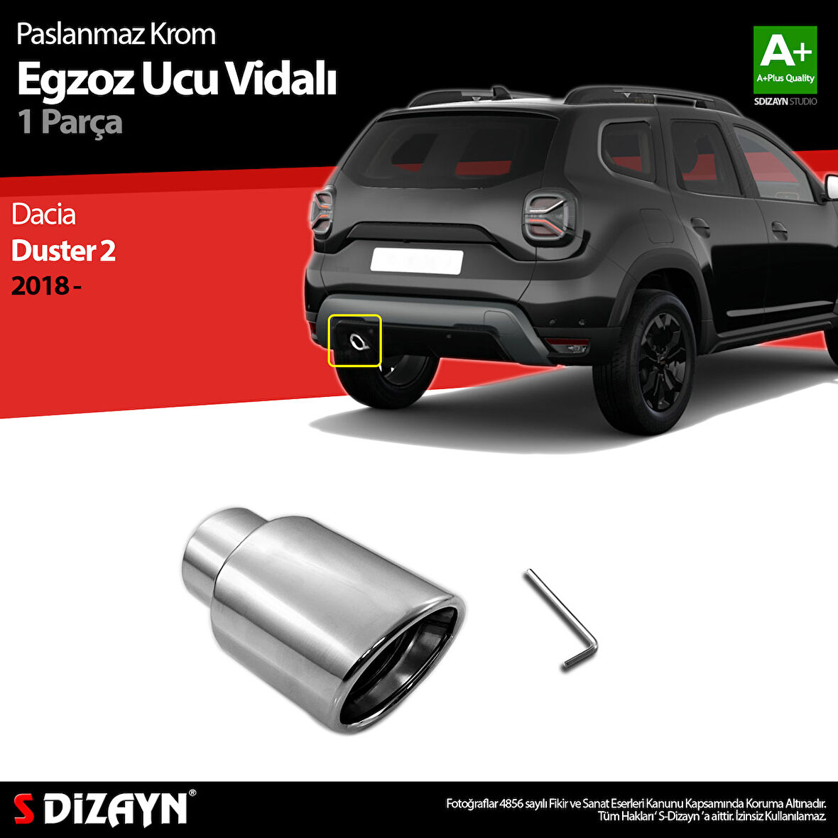 S-Dizayn Dacia Duster 2 Krom Egzoz Ucu Vidalı 55mm Çap 2018-2023