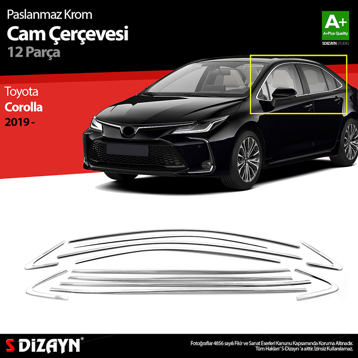 S-Dizayn Toyota Corolla Krom Cam Çerçevesi 12 Prç. 2019 Üzeri