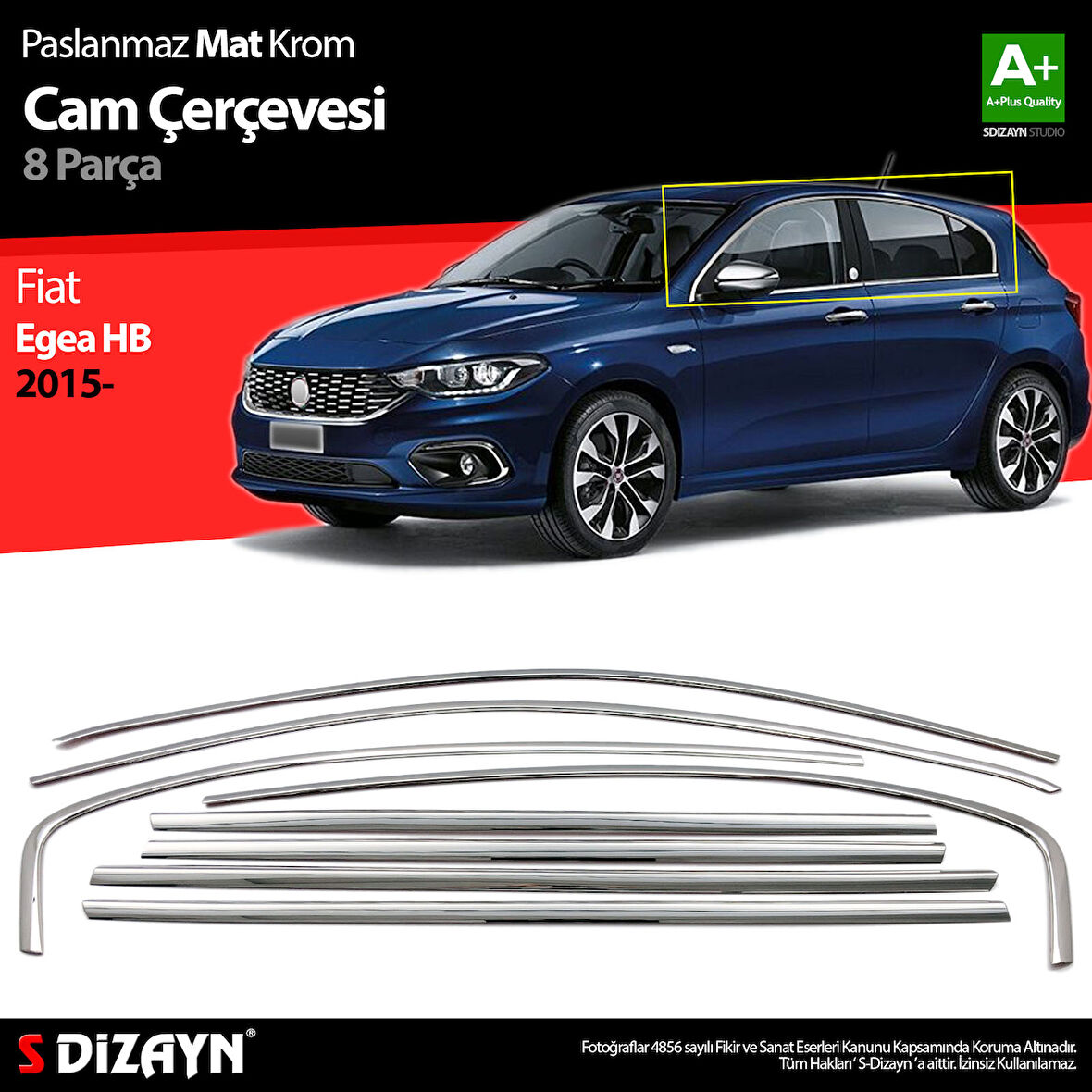 S-Dizayn Fiat Egea HB Krom Cam Çerçevesi 8 Prç. 2015 Üzeri Mat Krom A+ Kalite