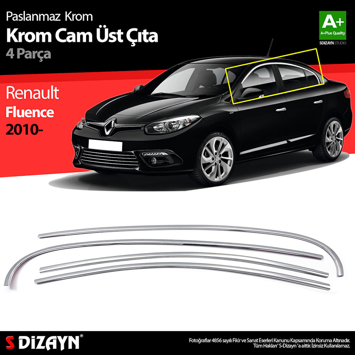 S-Dizayn Renault Fluence Krom Cam Üst Çıtası 4 Prç 2010-2016
