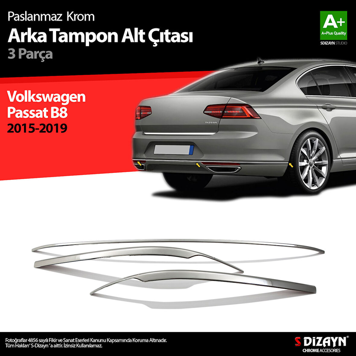 S-Dizayn VW Passat B8 Krom Arka Tampon Alt Çıtası 3 Parça 2015-2019