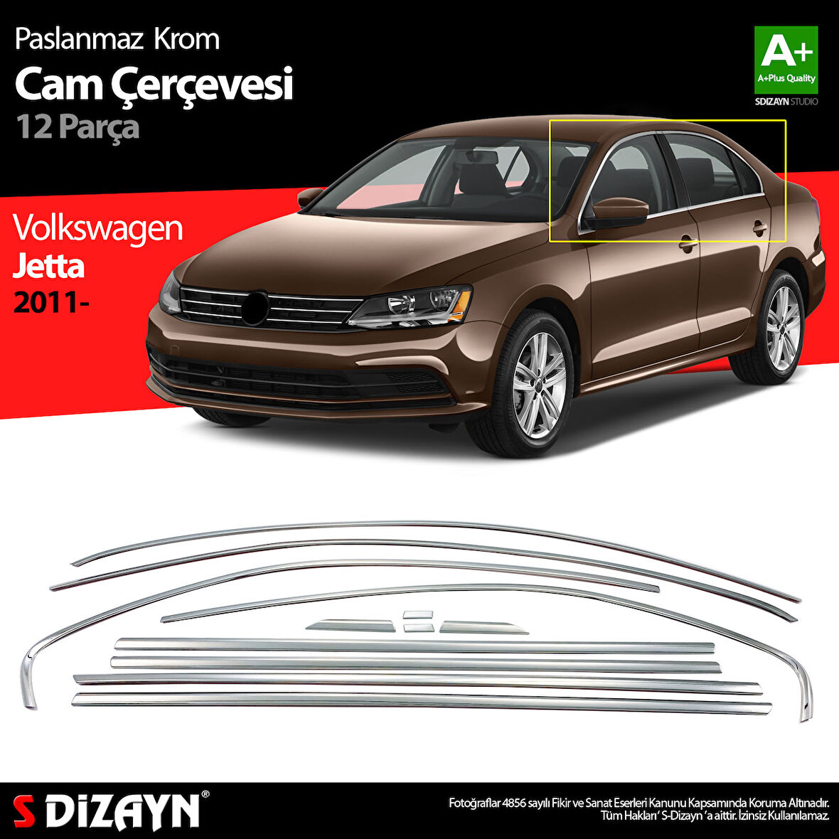 S-Dizayn VW Jetta Krom Cam Çerçeve Seti 12 Prç. 2011-2019 A+ Kalite