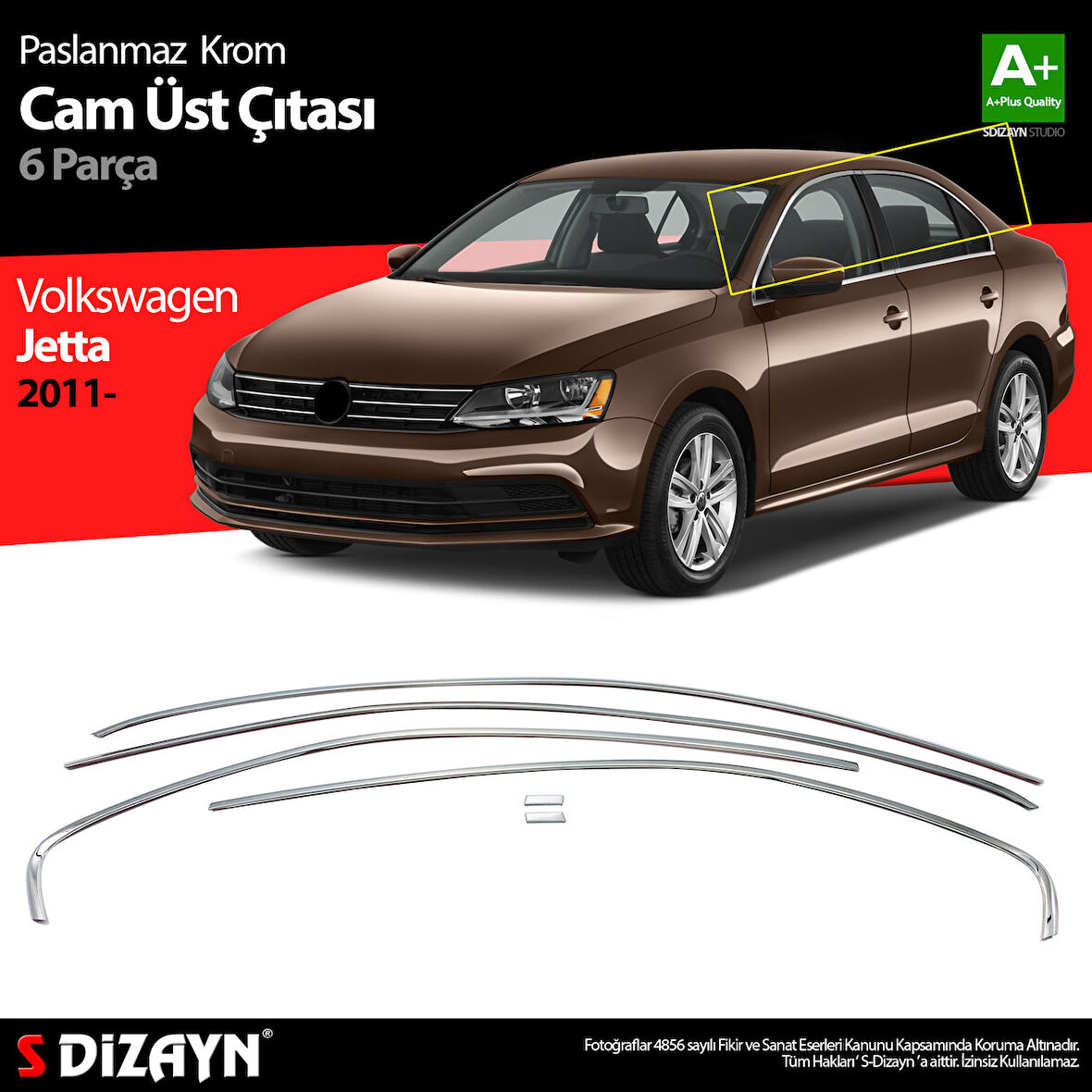 S-Dizayn VW Jetta Krom Cam Üst Çıtası 6 Prç. 2011-2019