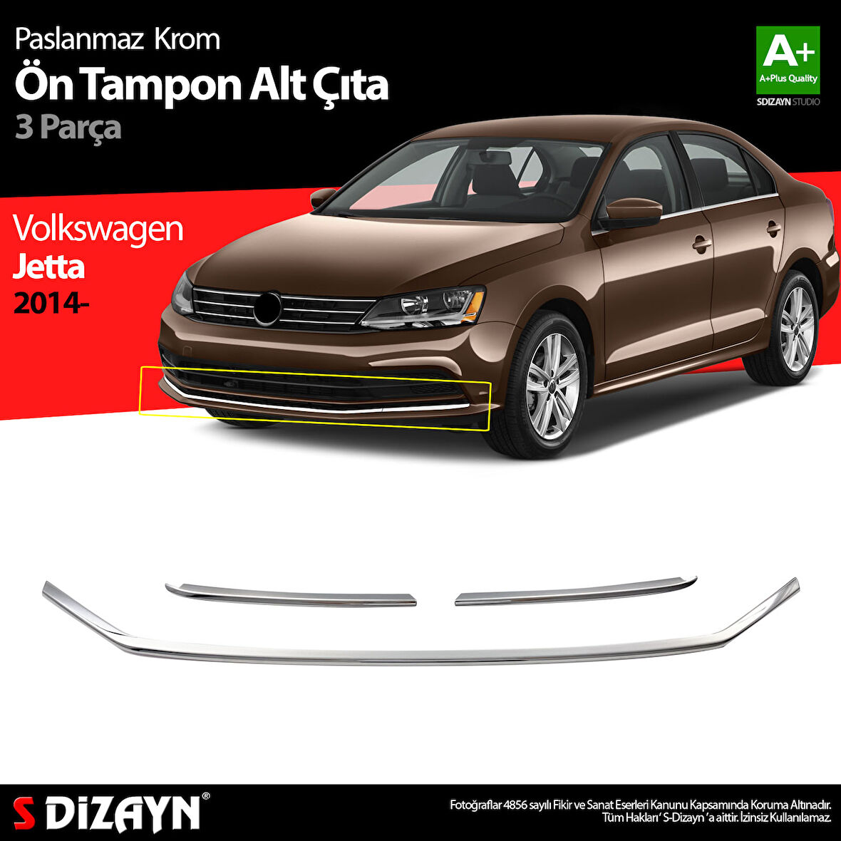 S-Dizayn VW Jetta Krom Ön Tampon Çıta 3 Prç. 2014-2019