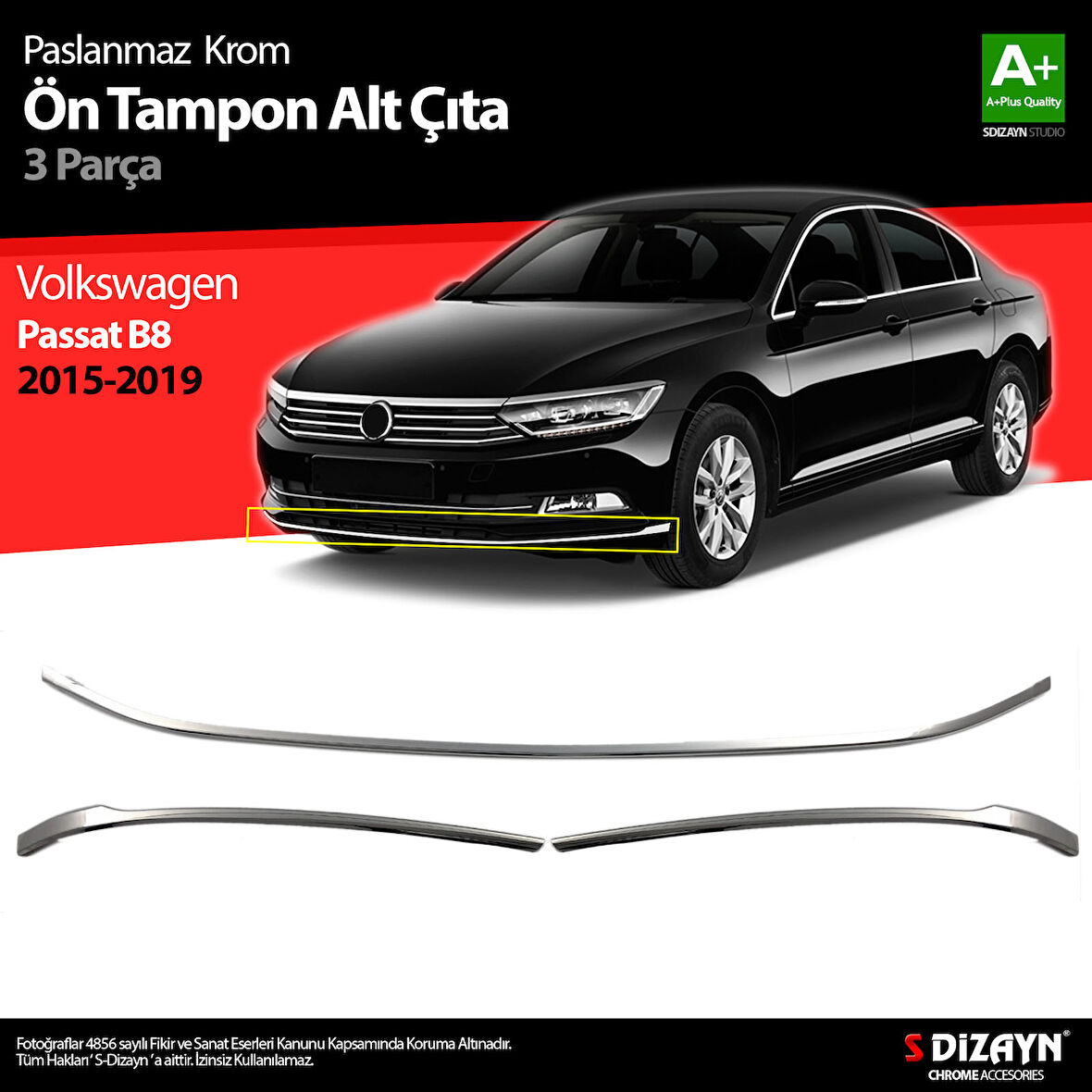 S-Dizayn VW Passat B8 Krom Ön Tampon Alt Çıtası 3 Parça 2015-2019