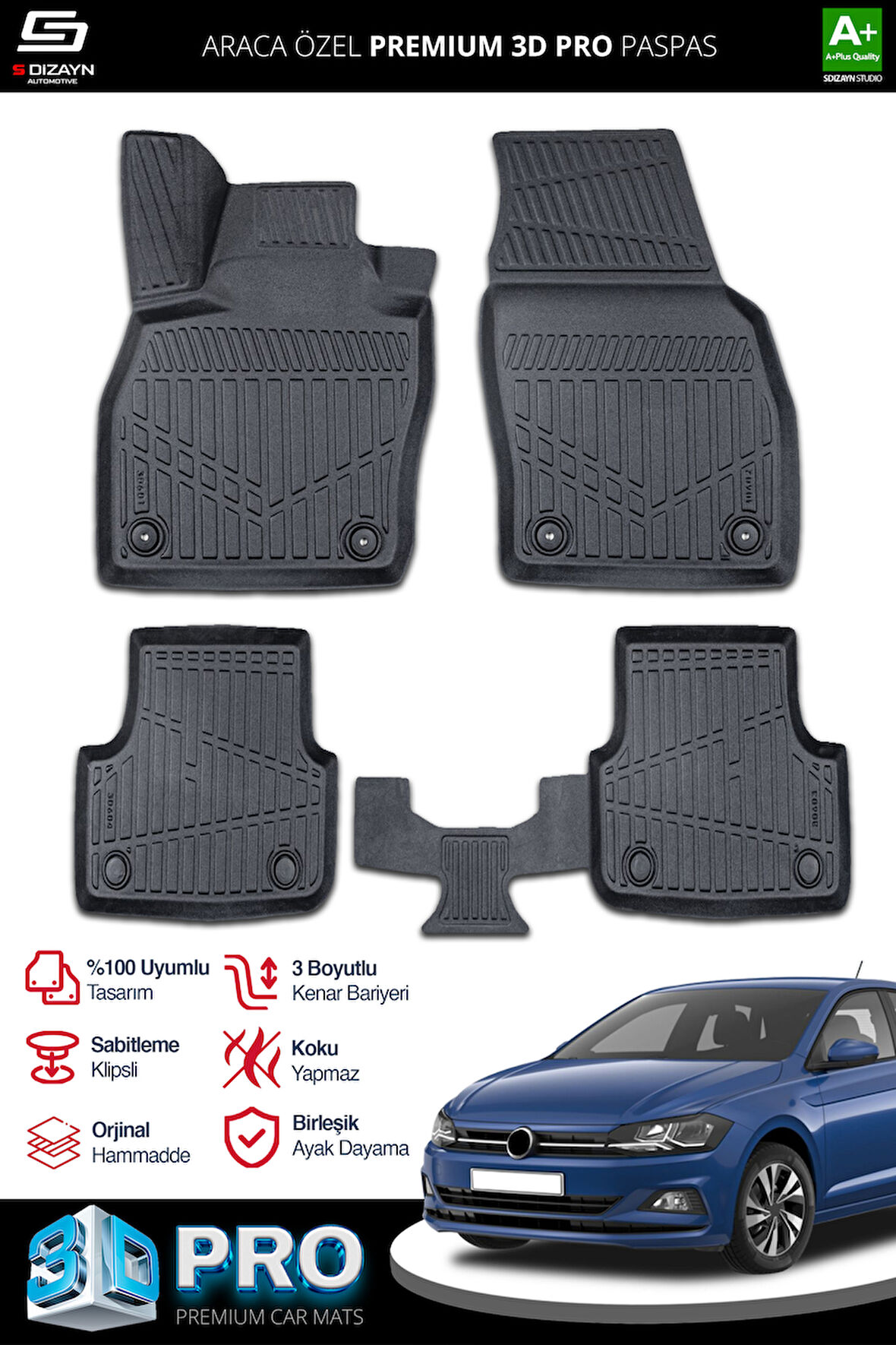 Volkswagen Polo 3D Pro Havuzlu Paspas 2017-2021 A+ Kalite