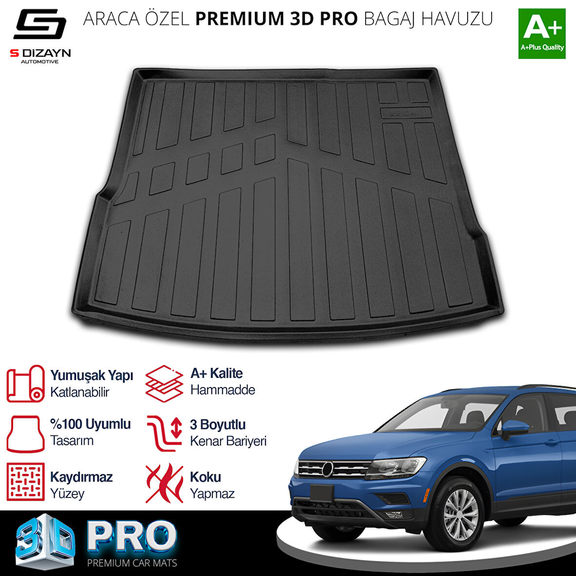 S-Dizayn VW Tiguan 3D Pro Bagaj Havuzu 2016-2023 A+ Kalite