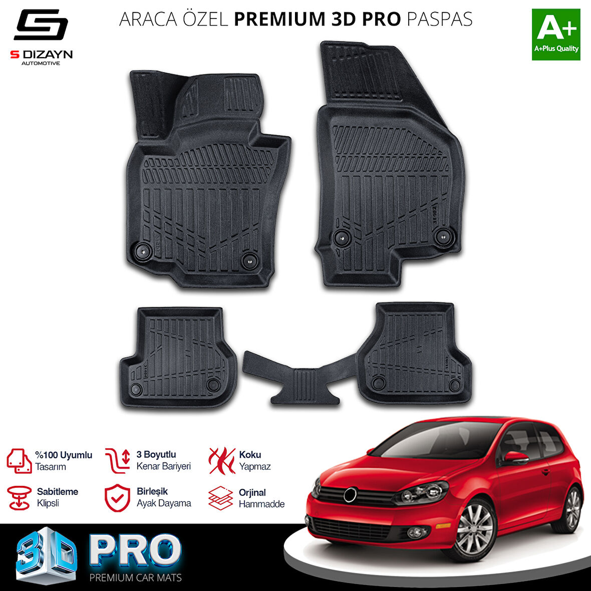 S-Dizayn VW Golf 6 3D Pro Havuzlu Paspas 2008-2012 A+ Kalite