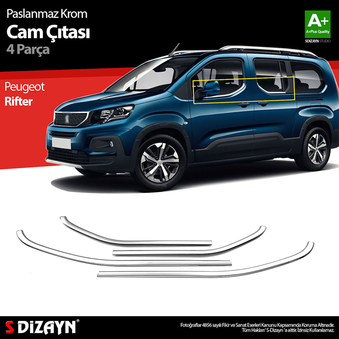 S-Dizayn Peugeot Rifter Krom Cam Çıtası 4 Prç. 2019 Üzeri A+ Kalite