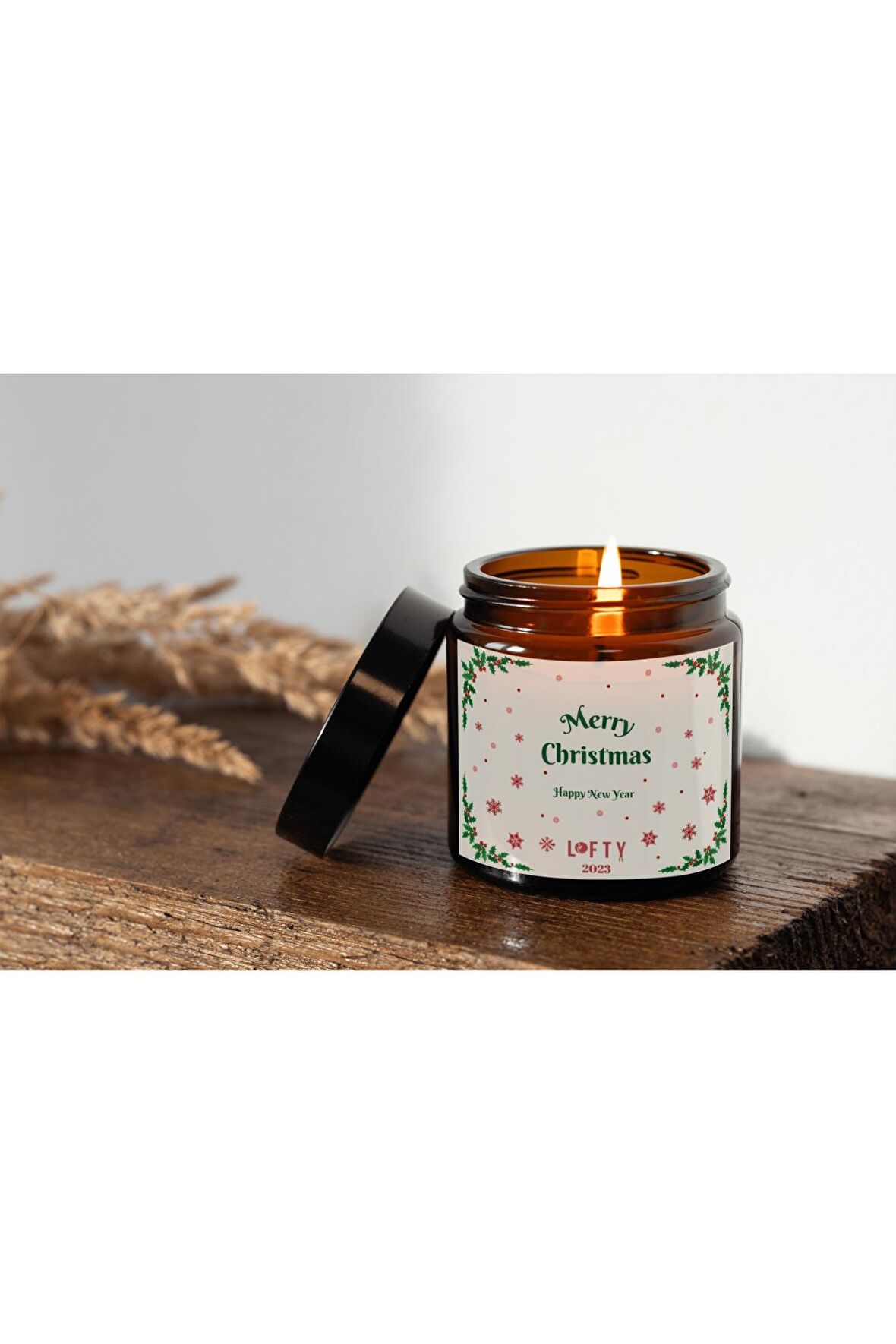 Yılbaşı Özel Kırmızı Asetat Kutulu  Merry Christmas Etketli Dekor Kavanoz Mum Pudra 210cc