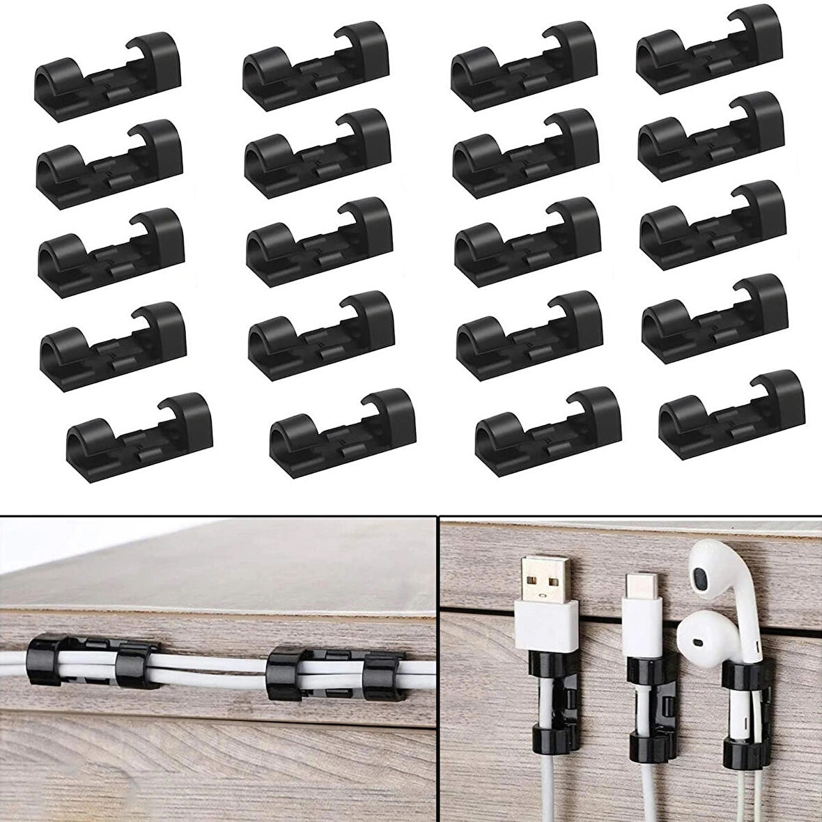 Microcase Yapışkanlı Kablo Sabitleyici Düzenleyici Çok Amaçlı Kablo Toparlayıcı Klips Set - SİYAH AL4551 20 Adet