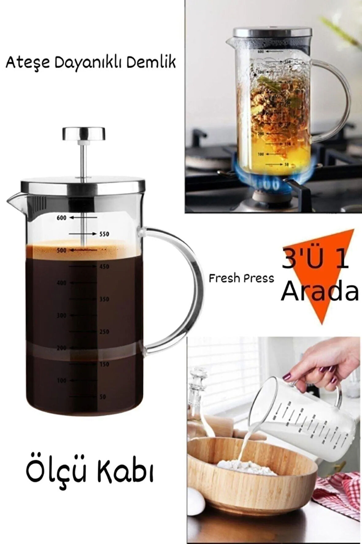 French Press Demlik Ölçü Kabı 3in1 Ürün Borosilikat Cam Frenchpress 300ml