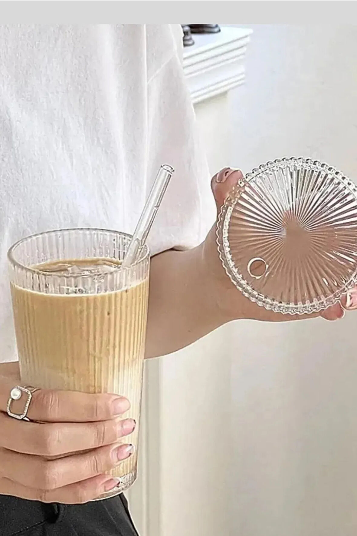 Origami Stil Mika Cam Pipetli Bardak Kapaklı | Kahve Ve Sunum Bardağı I Kokteyl Bardak 600ML