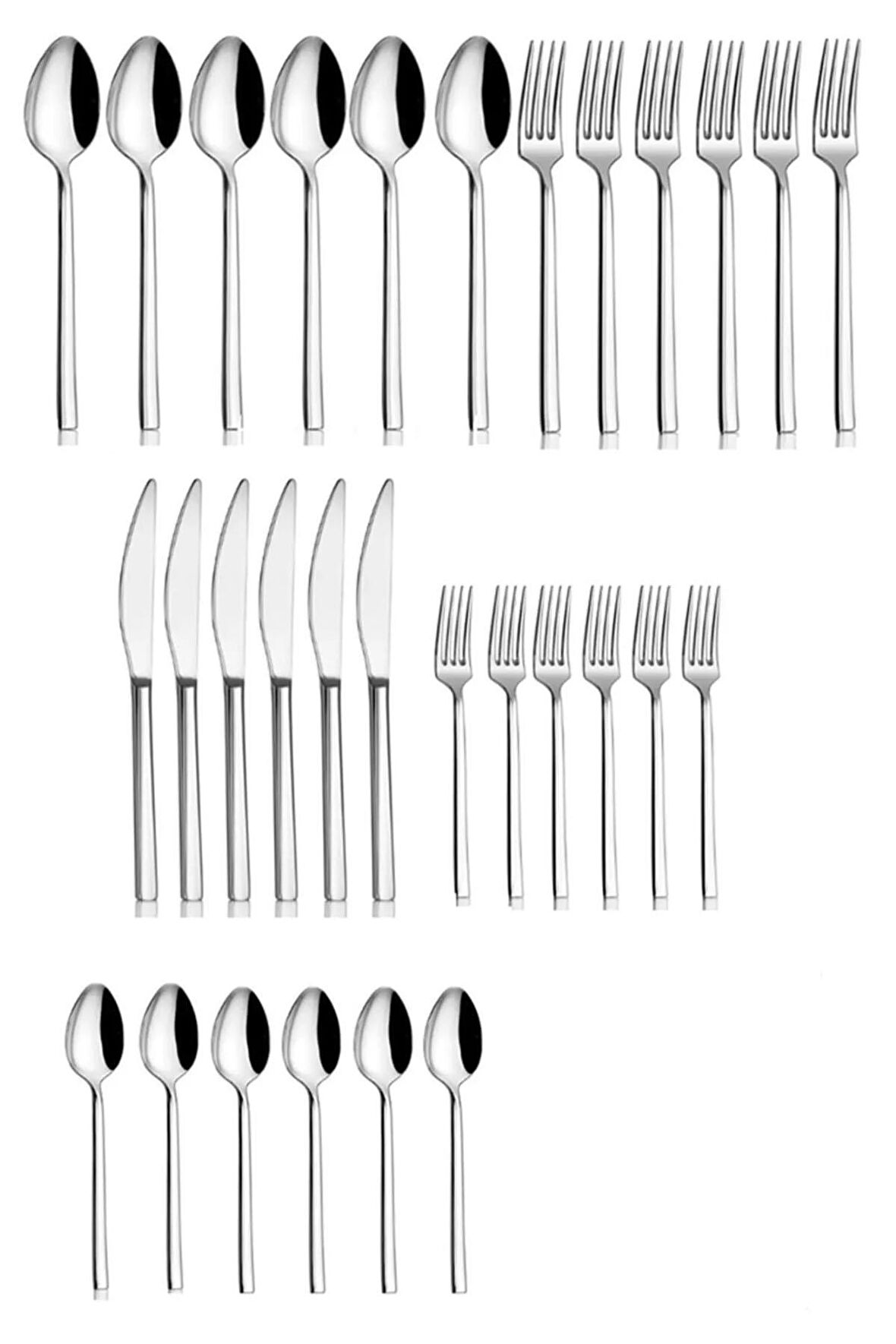 6 Kişilik 30 Parça Paslanmaz Çelik Lüx Sade Çubuk Model Çatal Kaşık Bıçak Takımı Seti 