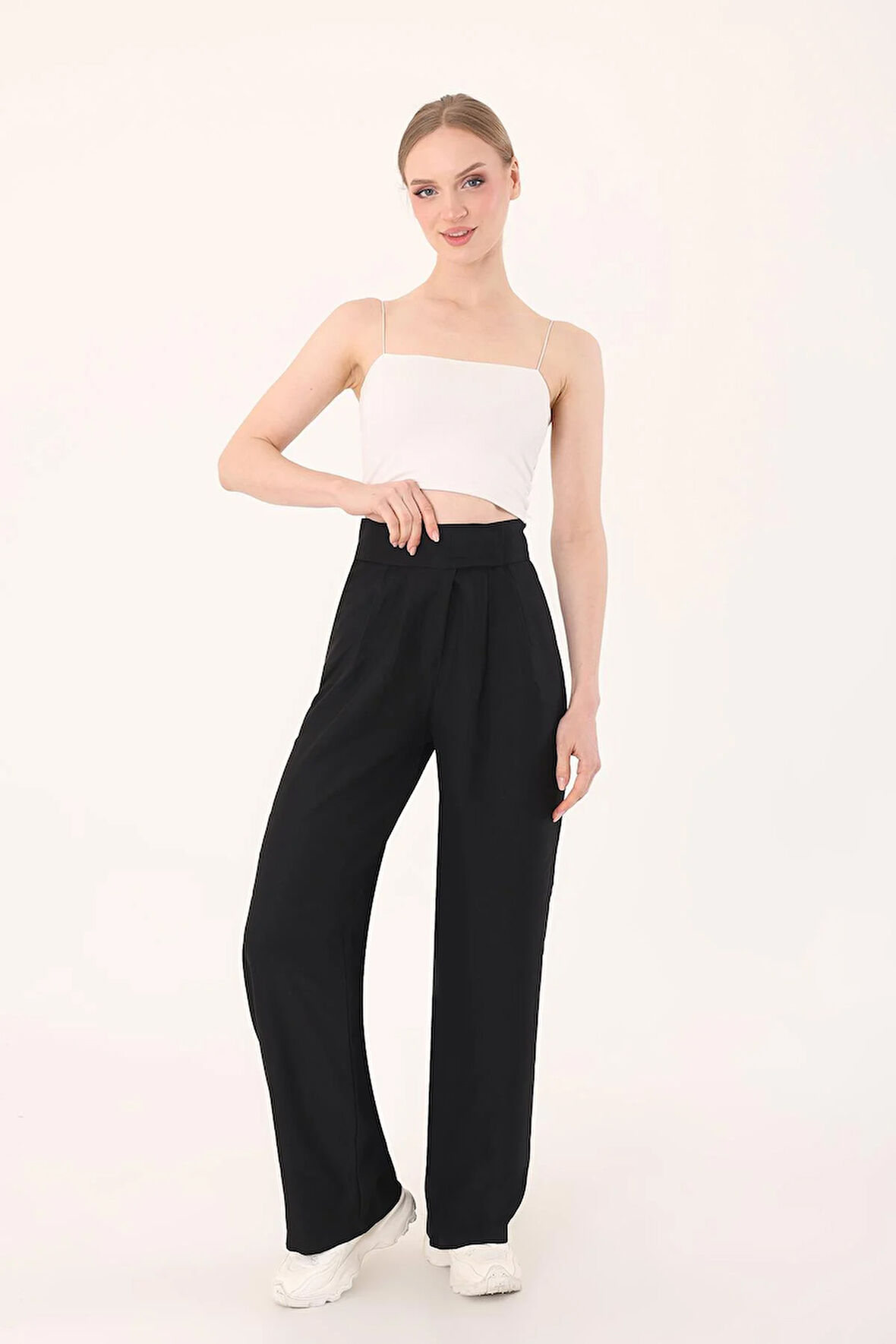 Kadın Siyah Cırtlı Keten Palazzo Pantolon