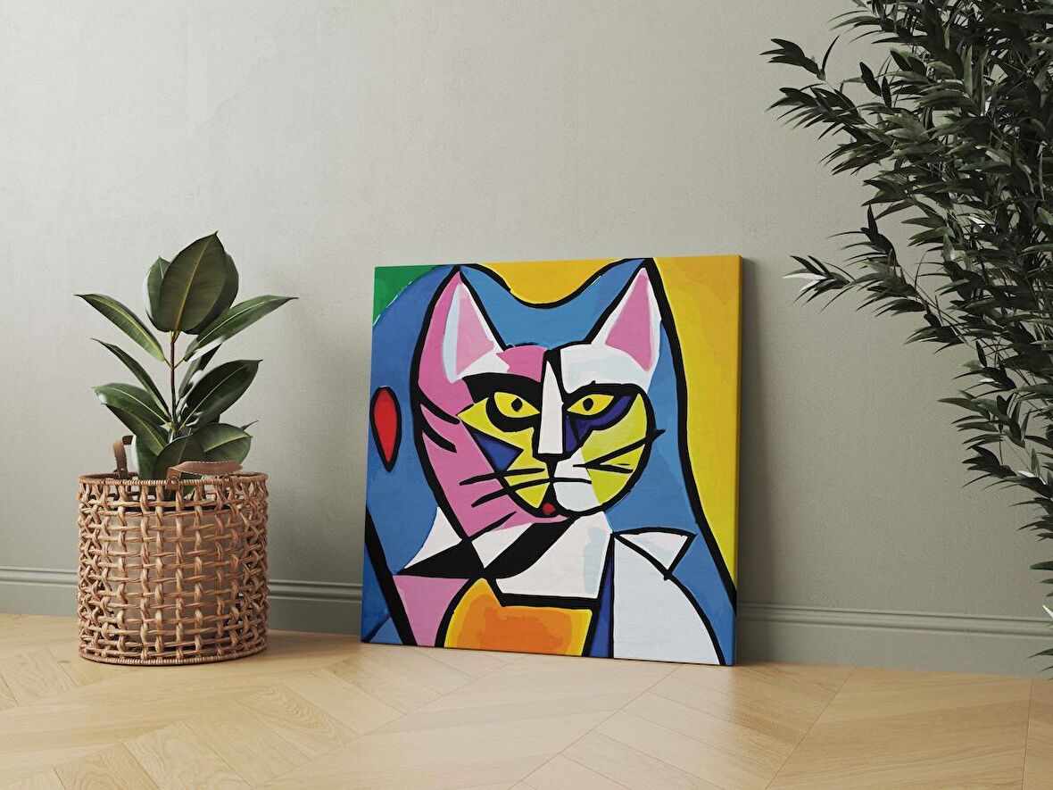 Sürreal Kedi Çizim Picasso Dekoratif Kare Kanvas Tablo