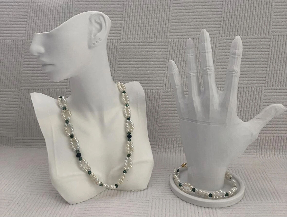 YEŞİL TAŞLI İNCİ BONCUK KOLYE BİLEKLİK SET 