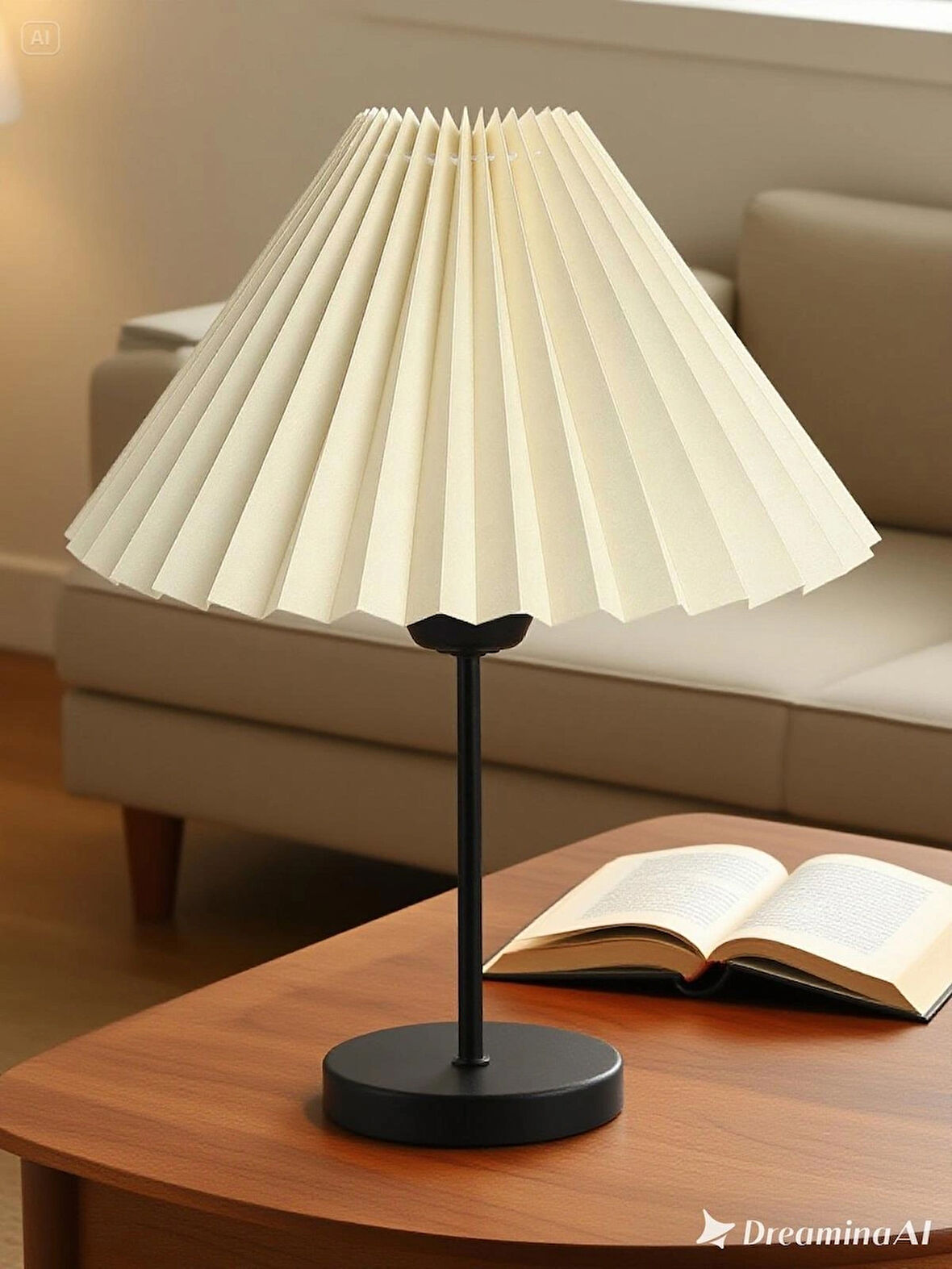 EvLight Liora Metal Siyah Ayaklı Pileli Krem Kumaş Komidin Başı Abajur