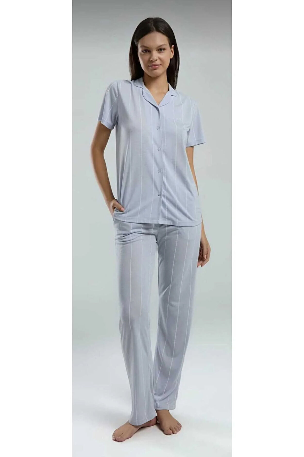 Kutulu Kadın Önden Düğmeli Pijama Takım Mavi-8.9.8.2