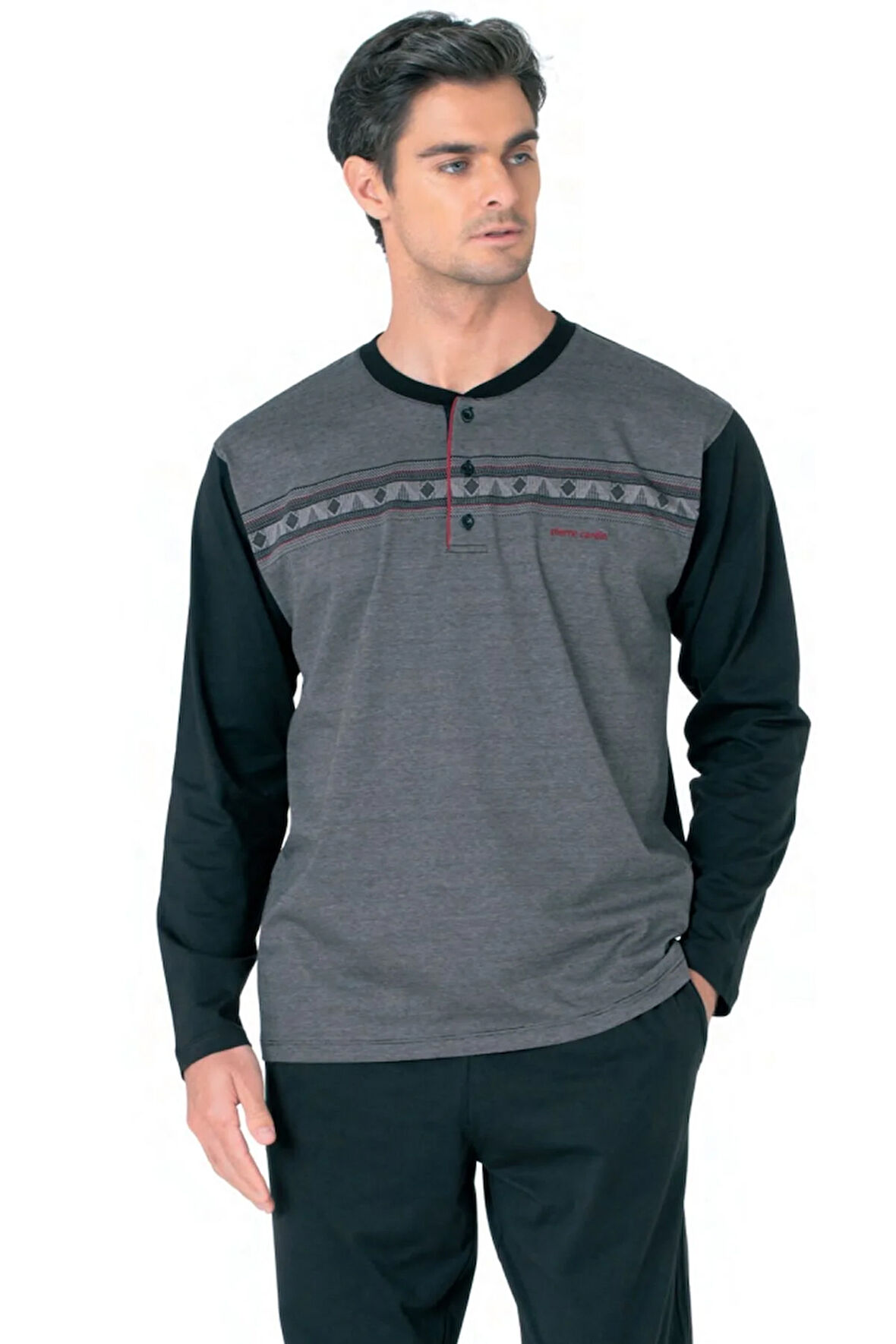 6109 Erkek Siyah Uzun Kollu Yakası Düğmeli Pijama Takım