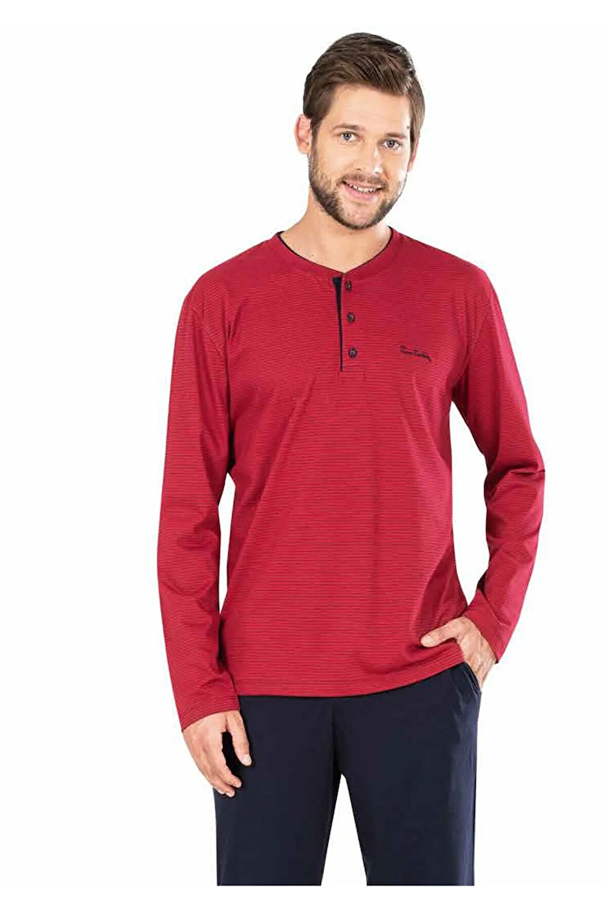 Erkek Penye Çizgili Pijama Bordo