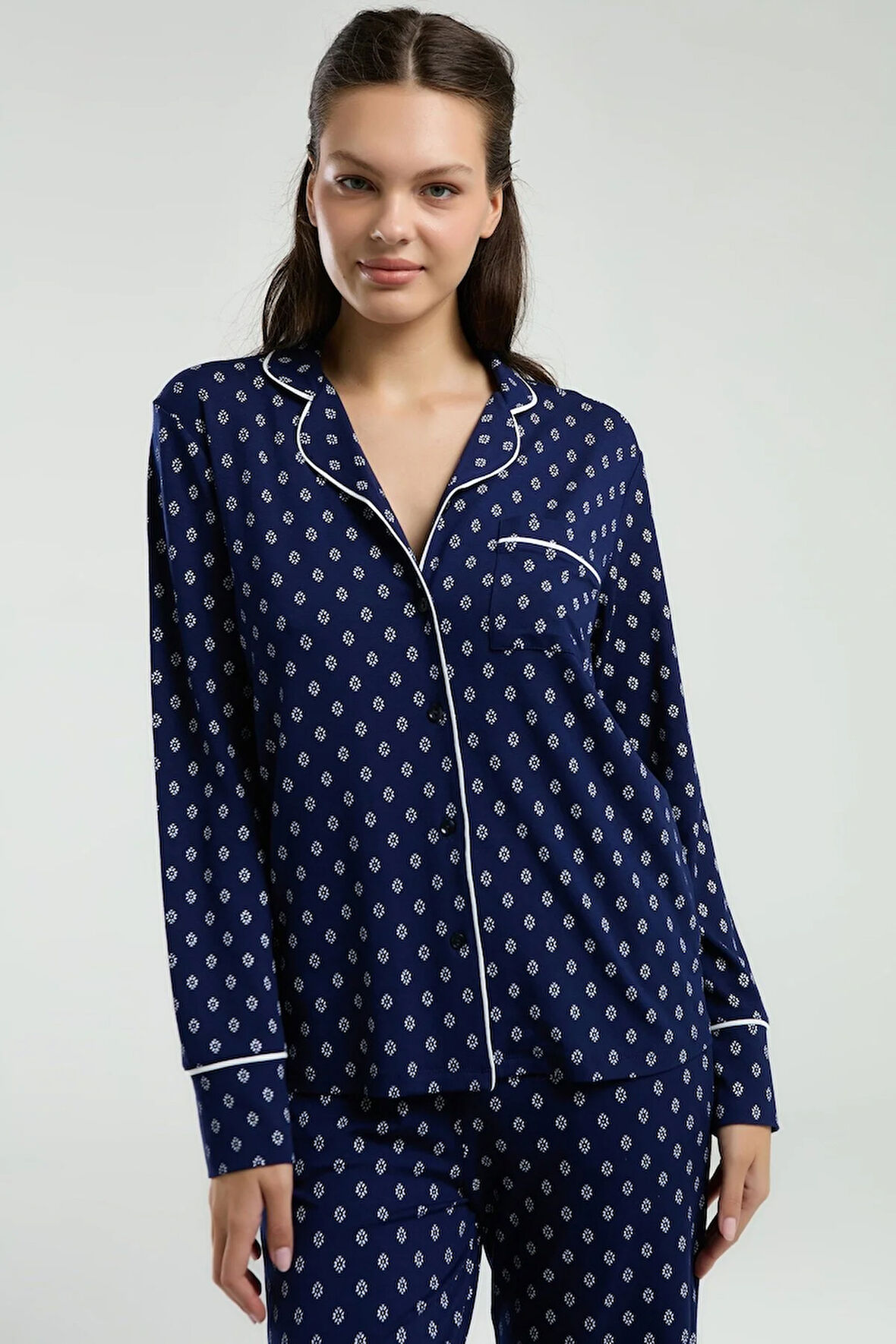Viskon & Likralı, Önden Düğmeli, Uzun Kollu, Gömlek Yaka, Cepli, Kadın Pijama Takımı -8950