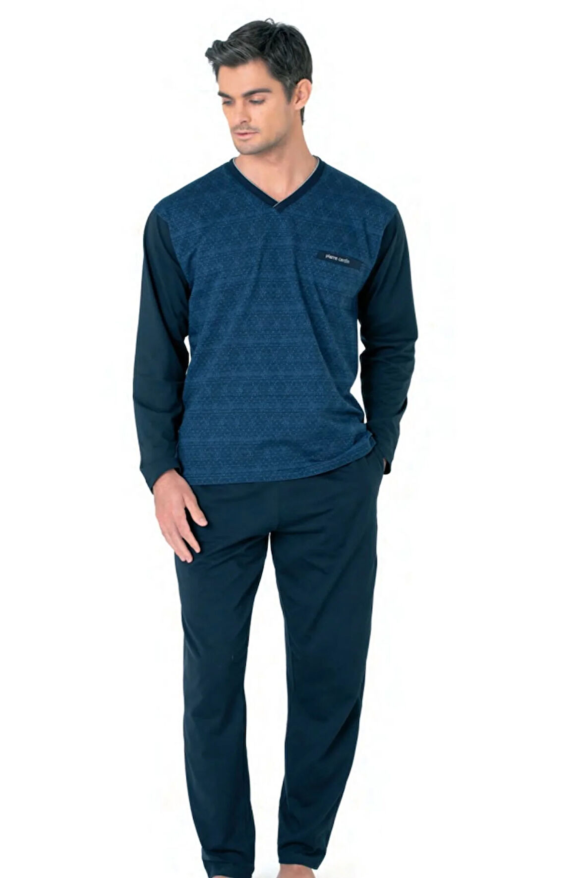 6110 Erkek Kuzun Kollu V Yaka Pijama Takımı-Saks