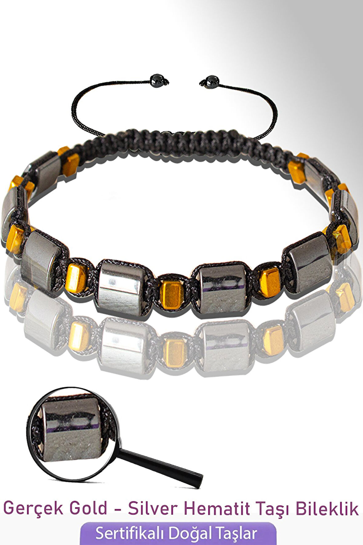 Sertifikalı Gerçek Gold - Silver Hematit Taşı Bileklik - Ayarlamalı