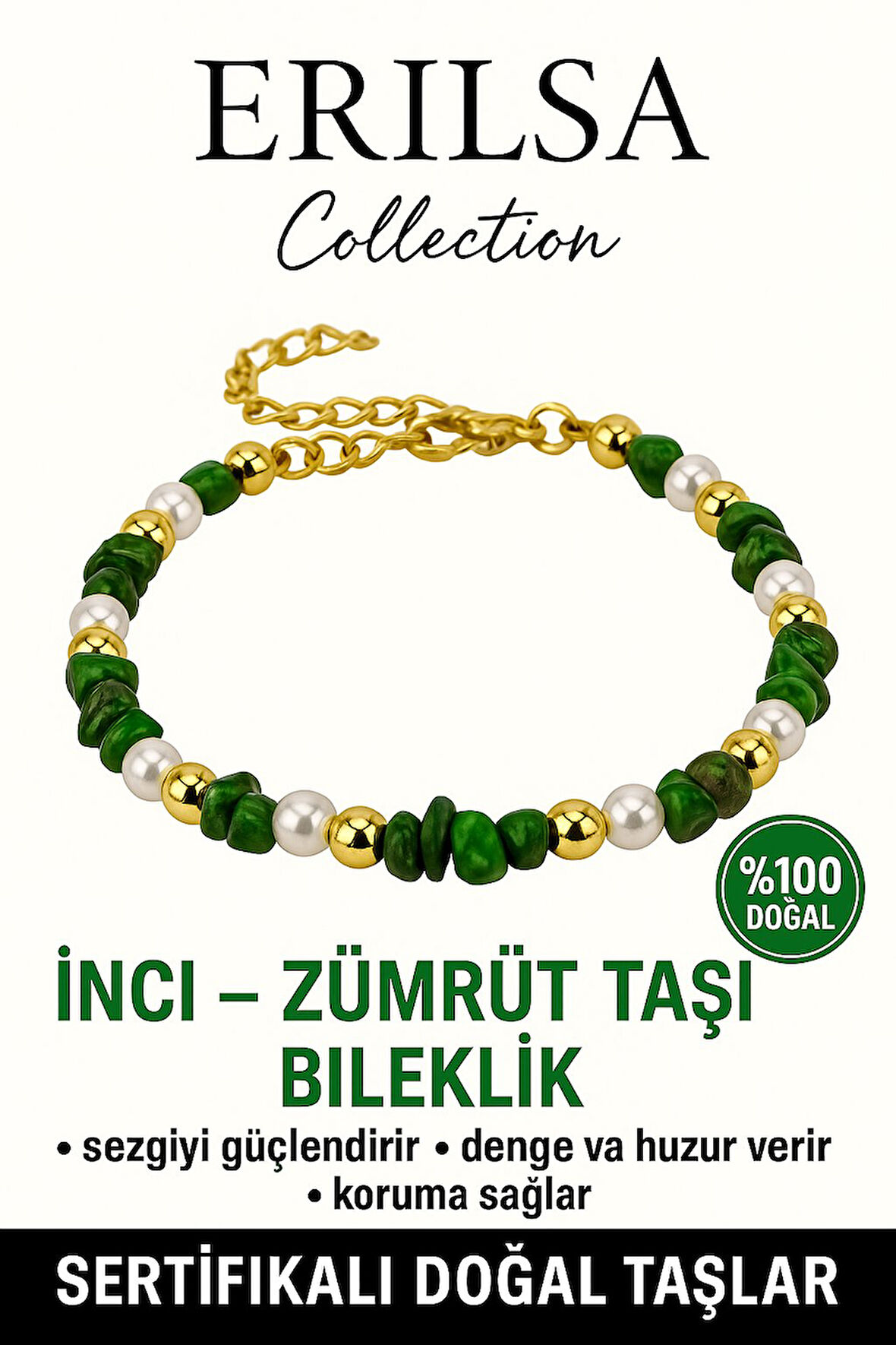 Sertifikalı İnci ve Zümrüt Taşı Bileklik – Sezgi ve Denge