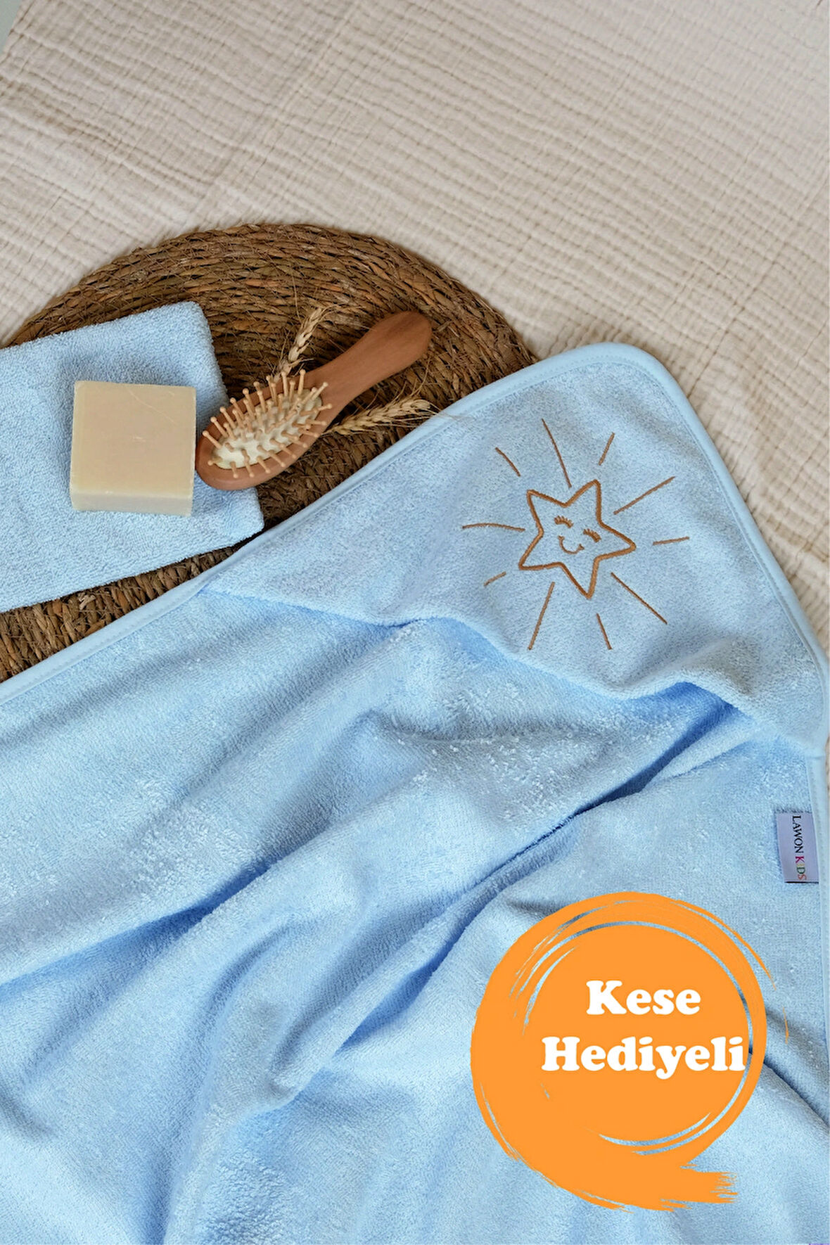 Lawon Kids Bambu Yıldız Nakışlı ve Kese Hediyeli Bebek Havlu Kundak * Bebe Mavisi