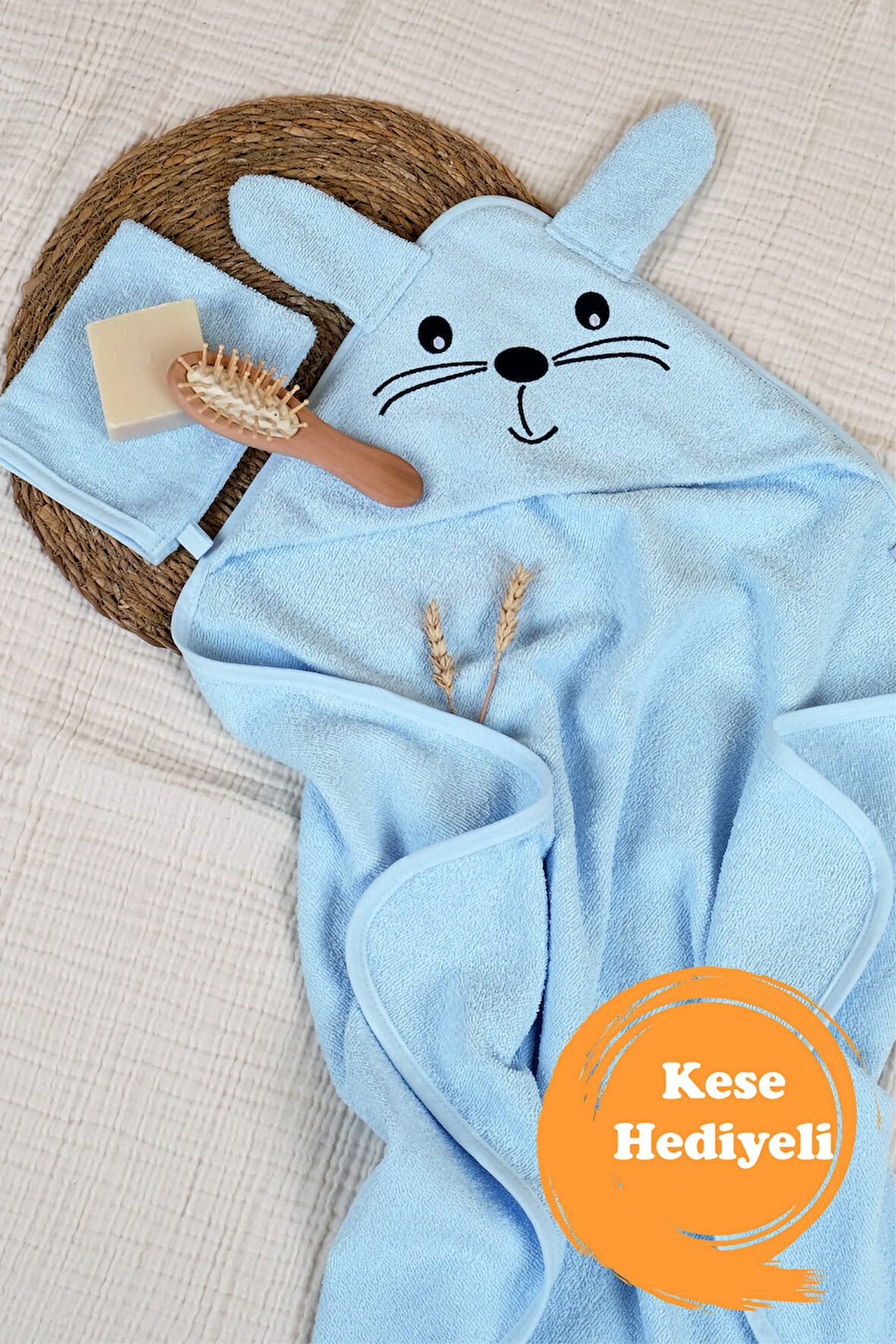 Lawon Kids %100 Pamuk Tavşan Desen Nakışlı ve Kese Hediyeli Bebek Havlu Kundak *Bebe Mavisi