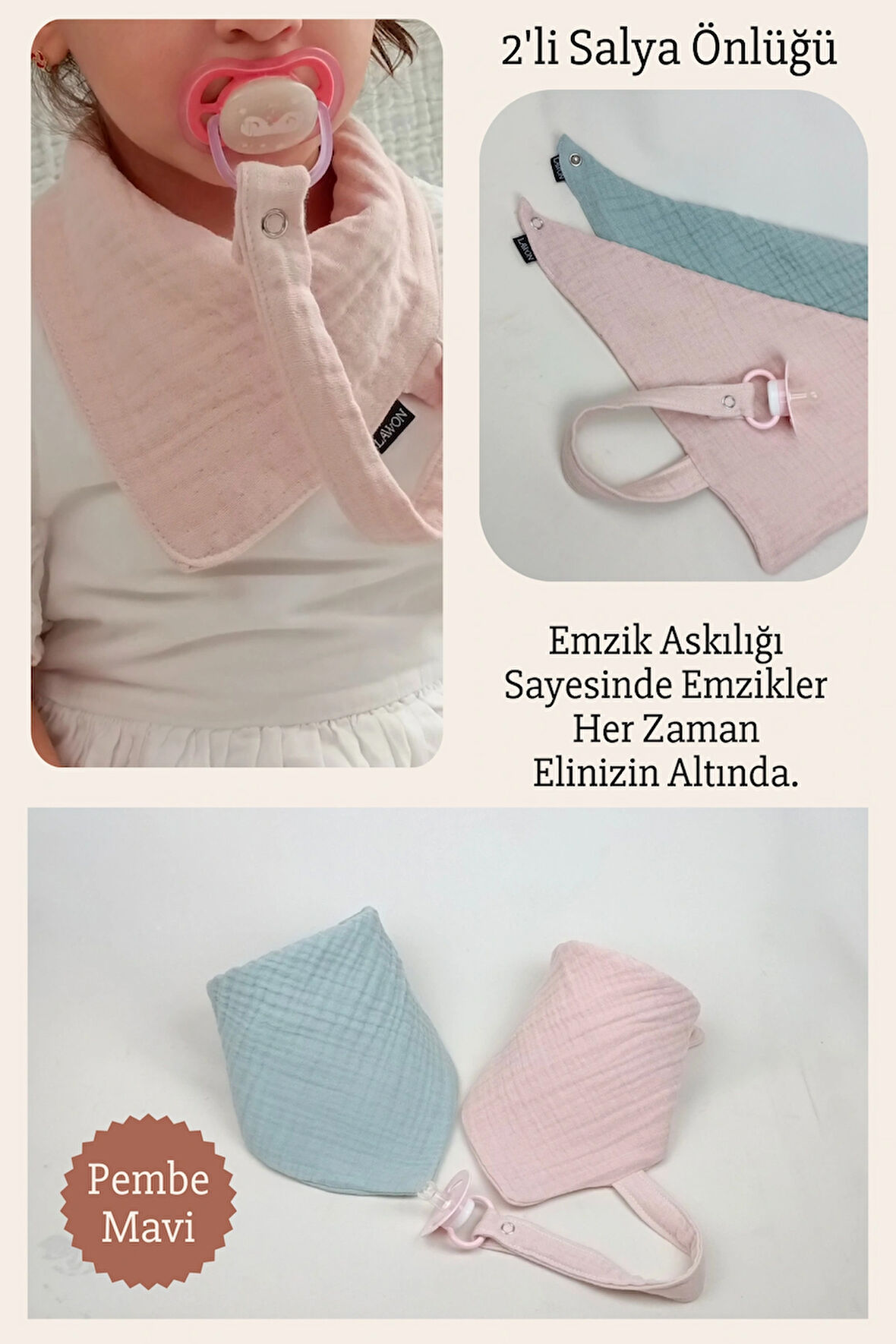 2'li %100 Pamuk 8 Katlı Müslin Emzik Askılıklı Kız Erkek Bebek Salya Ve Mama Önlüğü *Pembe*Mavi