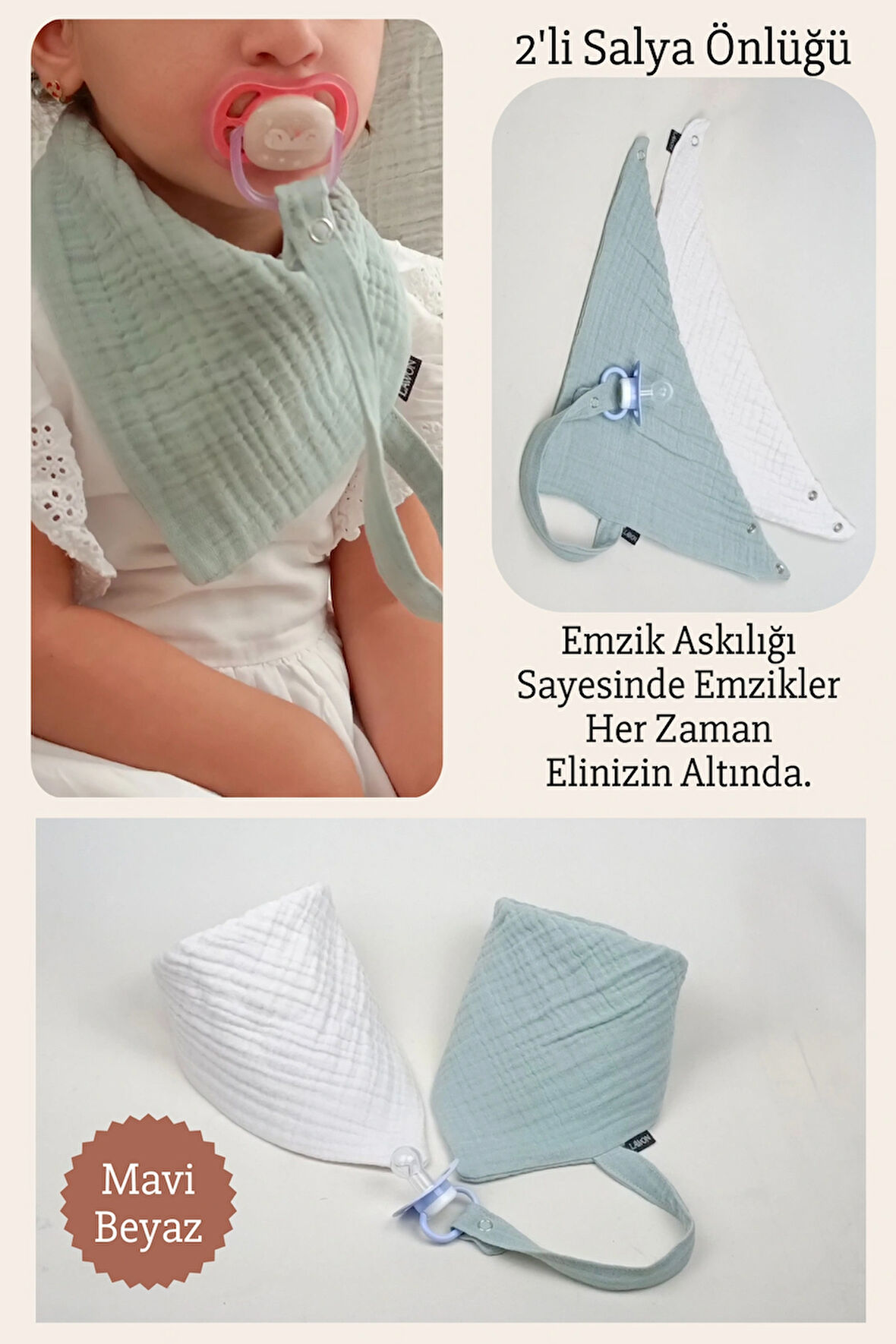 2'li %100 Pamuk 8 Katlı Müslin Emzik Askılıklı Kız Erkek Bebek Salya Ve Mama Önlüğü *Mavi*Beyaz