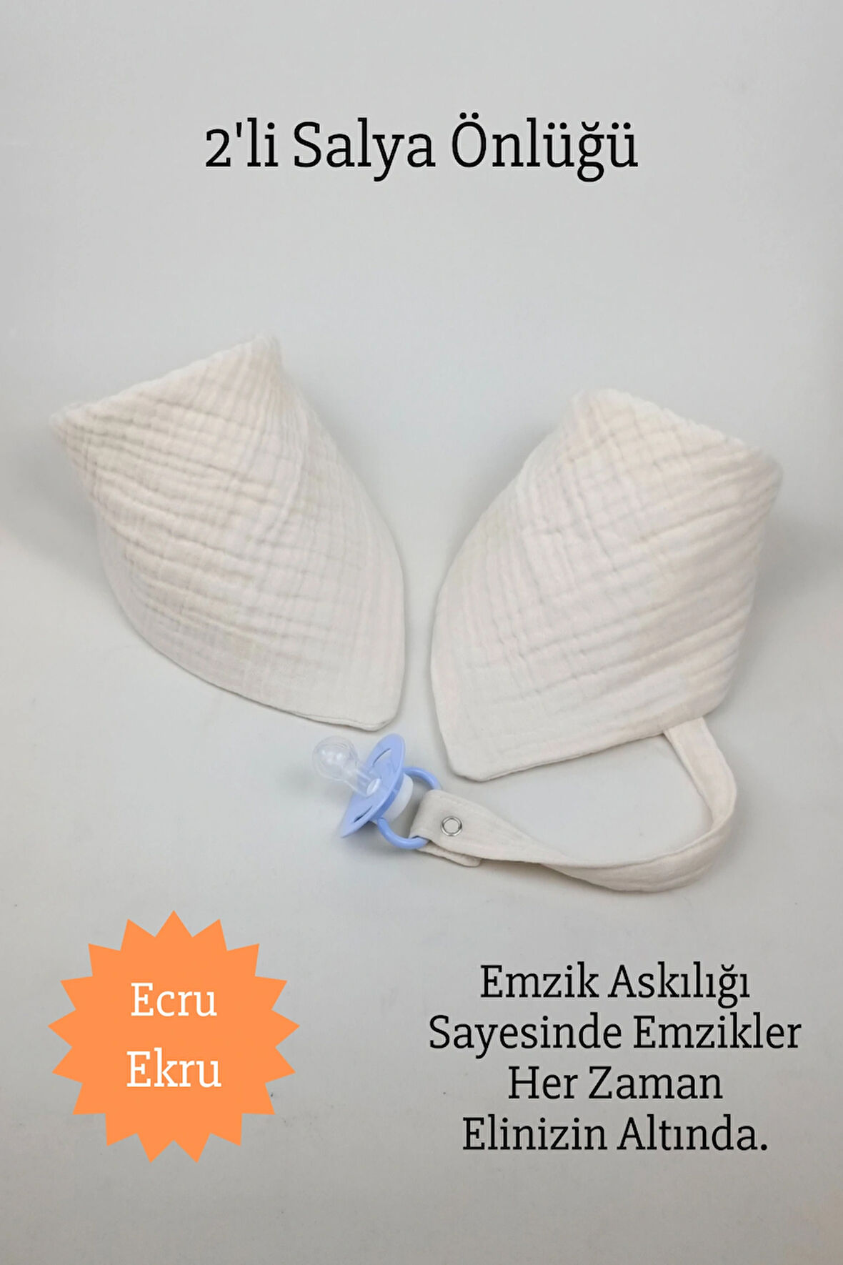 2'li %100 Pamuk 8 Katlı Müslin Emzik Askılıklı Kız Erkek Bebek Salya Ve Mama Önlüğü *Ekru