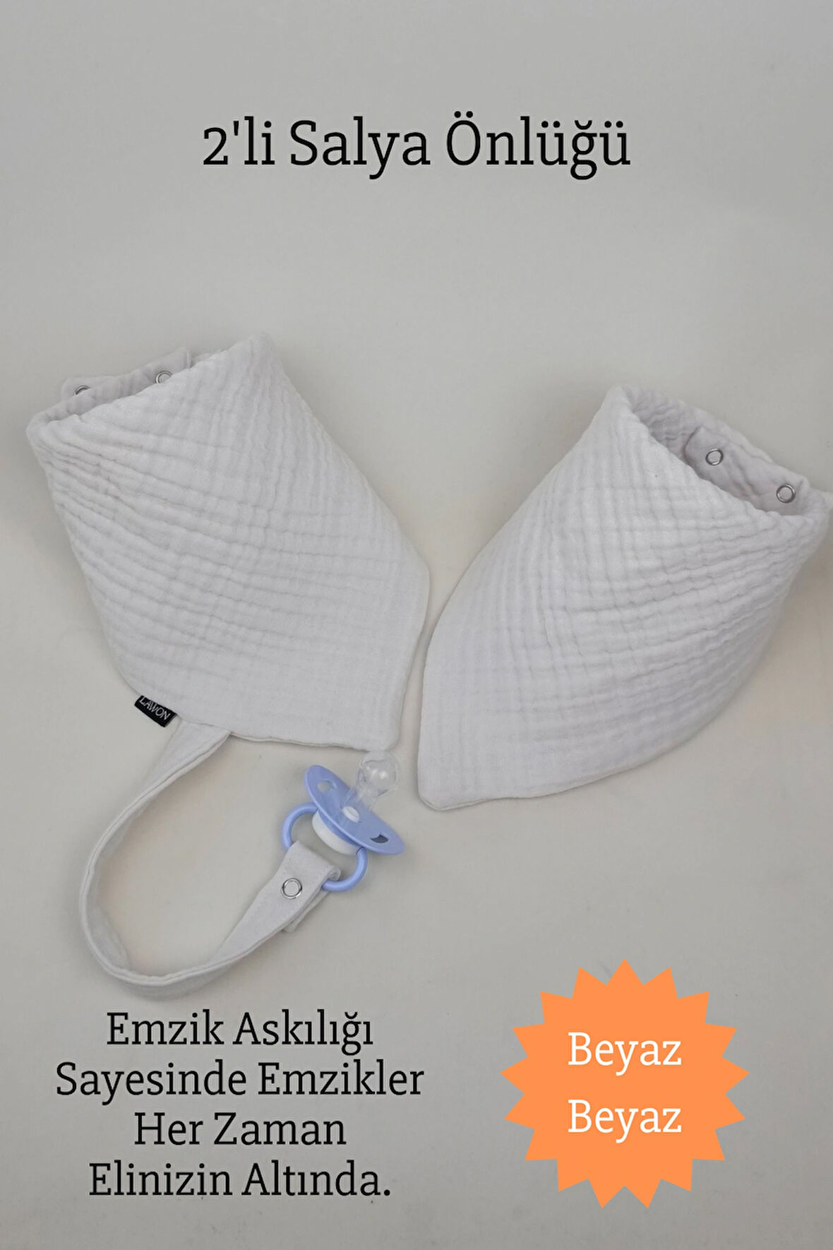 2'li %100 Pamuk 8 Katlı Müslin Emzik Askılıklı Kız Erkek Bebek Salya Ve Mama Önlüğü * Beyaz