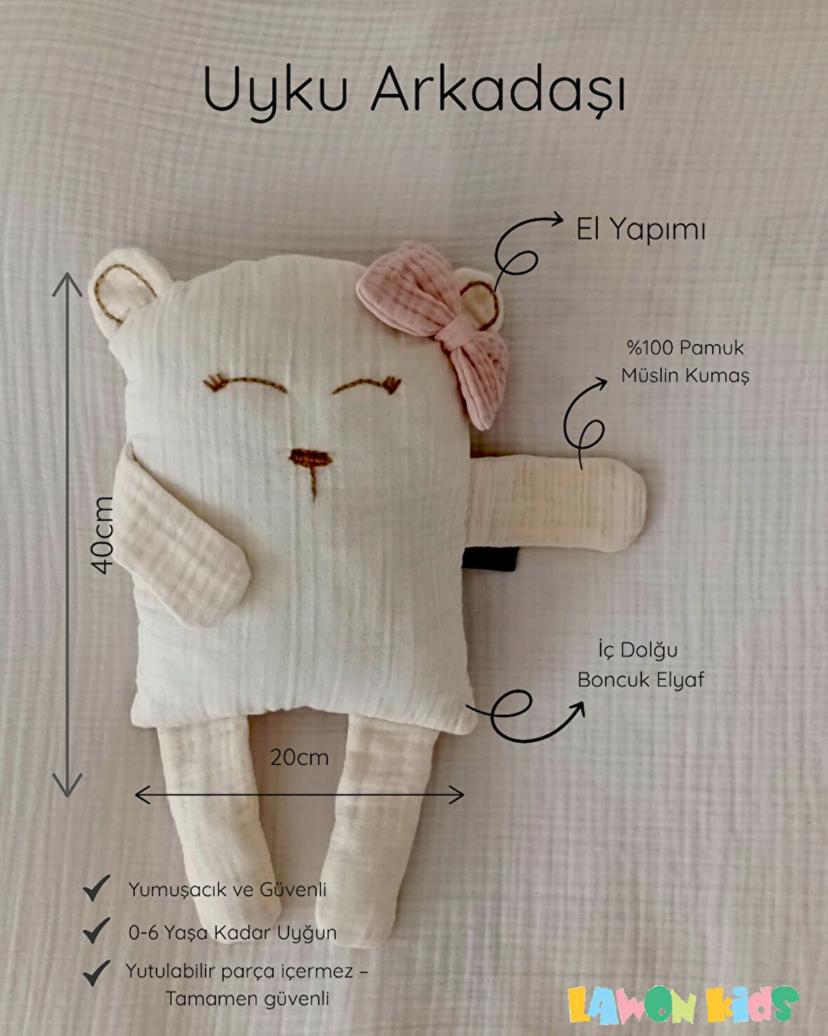 Lawon Çocuk Bebek Müslin Uyku Arkadaşı – Mimi Ayıcık El Yapımı Büyük Yastık