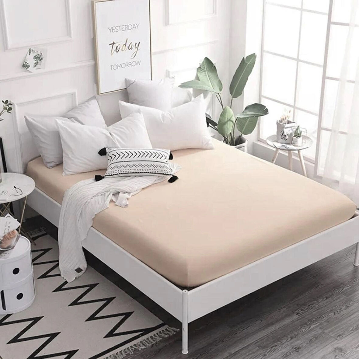 Krem Renkli Pamuklu Penye Kumaştan Tek/Çift Kişilik Fitted Lastikli Çarşaf (120 X 200)