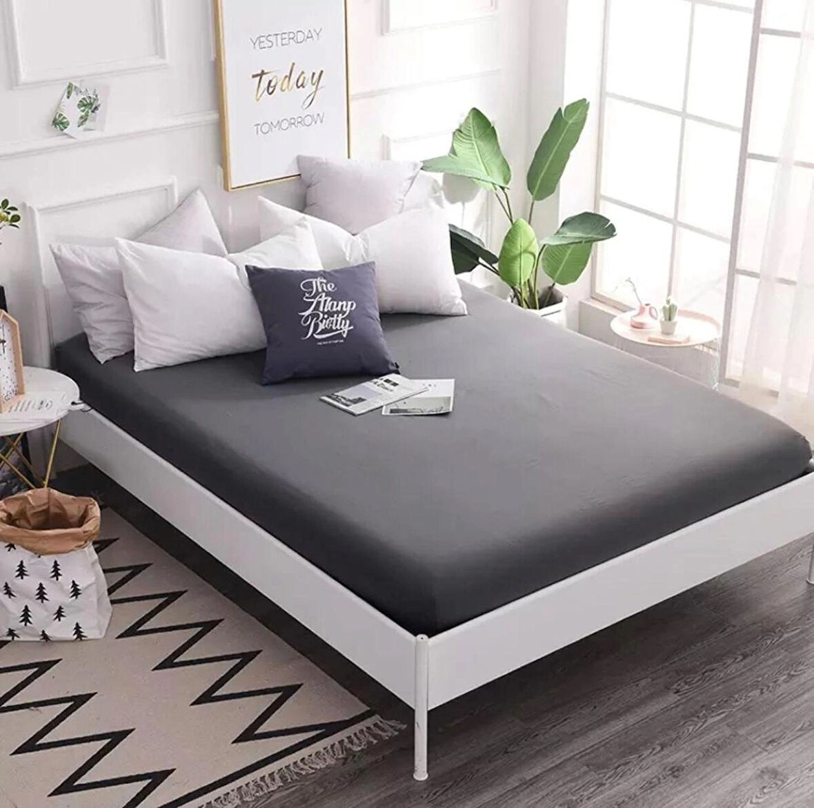 Antrasit Renkli Pamuklu Penye Kumaştan Tek/Çift Kişilik Fitted Lastikli Çarşaf (180 x 200)