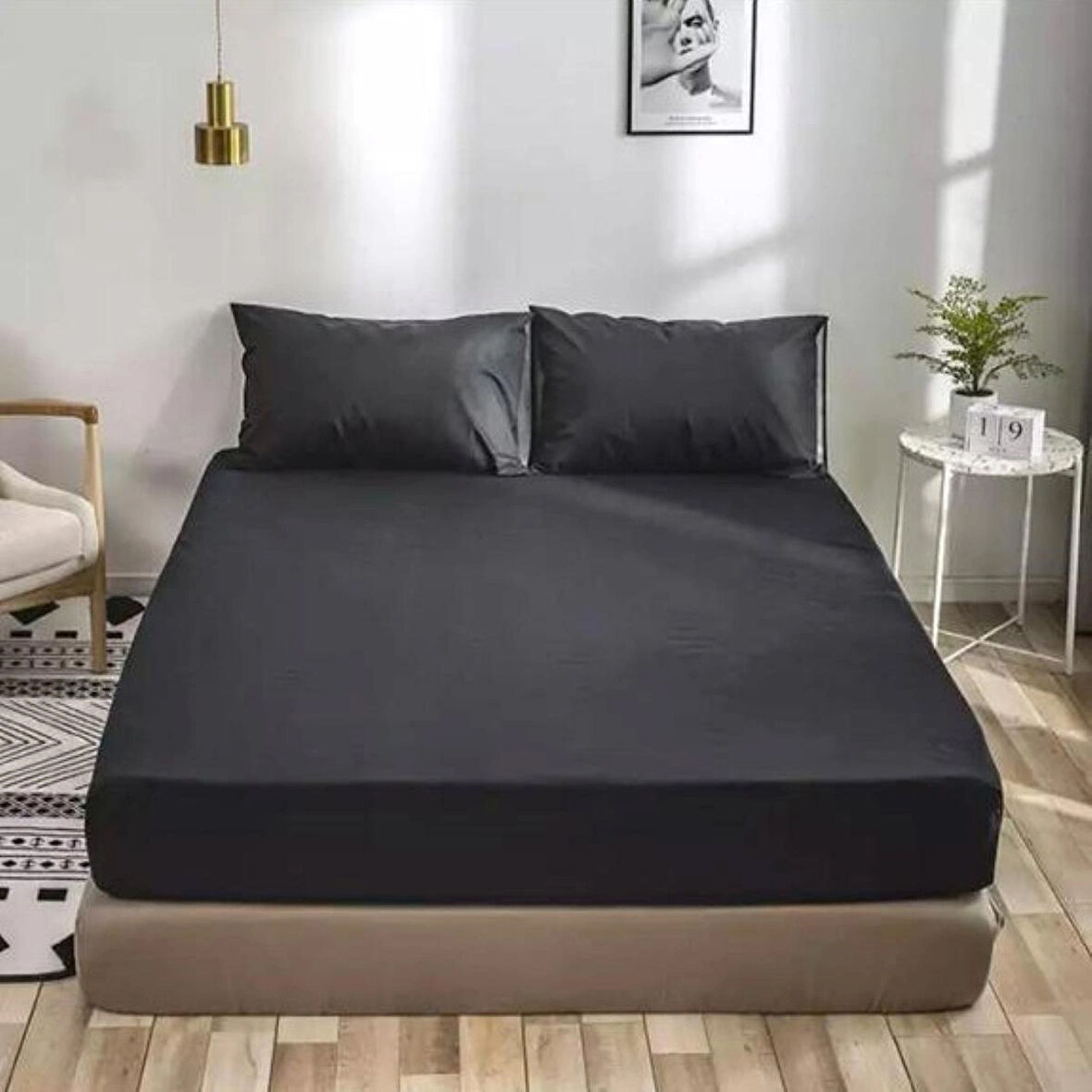 Siyah Renkli Pamuklu Ranforce Kumaştan Tek/Çift Kişilik Fitted Çarşaf Takımı (120 x 200)
