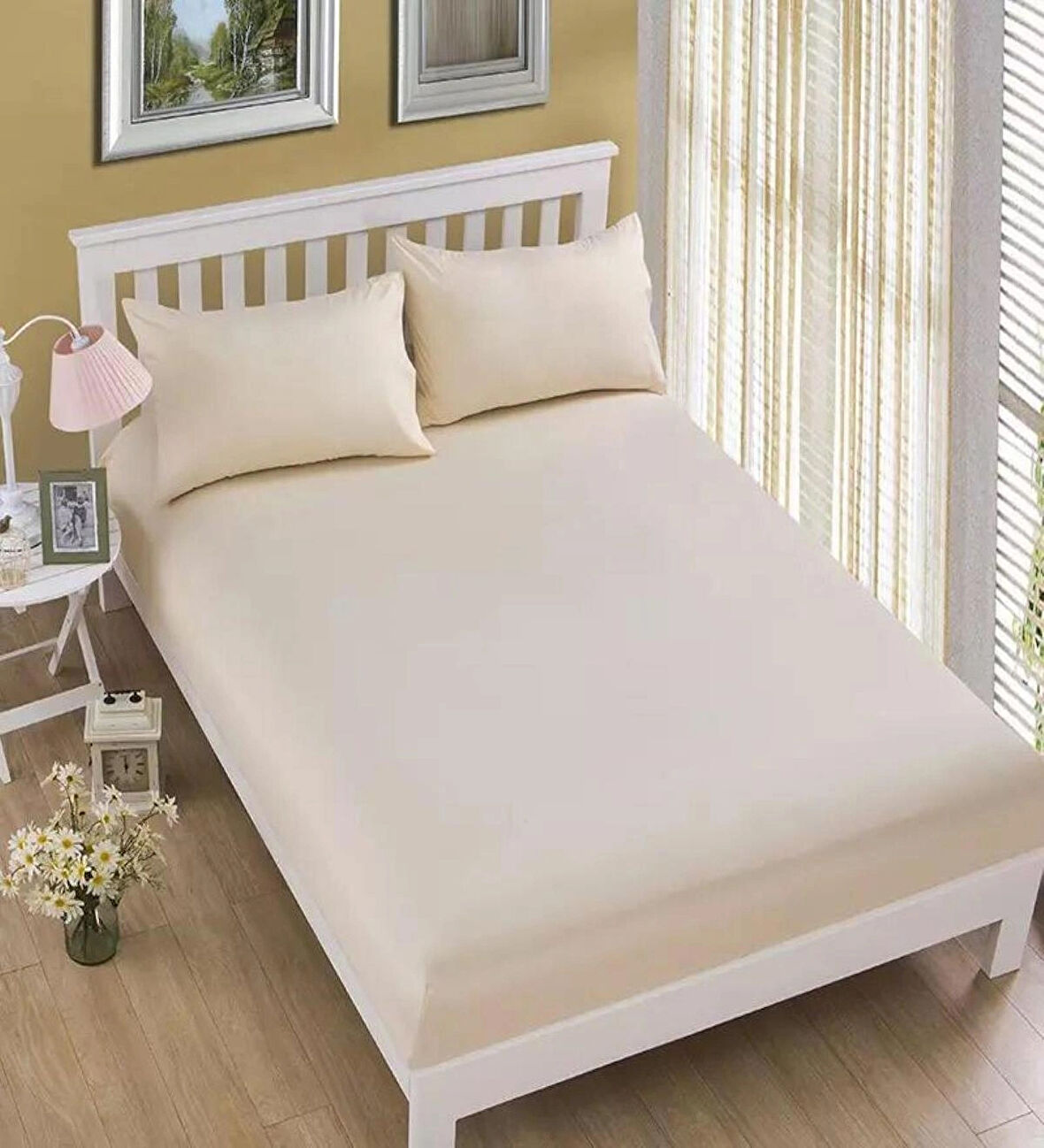 Açık Krem Renkli Pamuklu Ranforce Kumaştan Tek/Çift Kişilik Fitted Çarşaf Takımı (120 x 200)