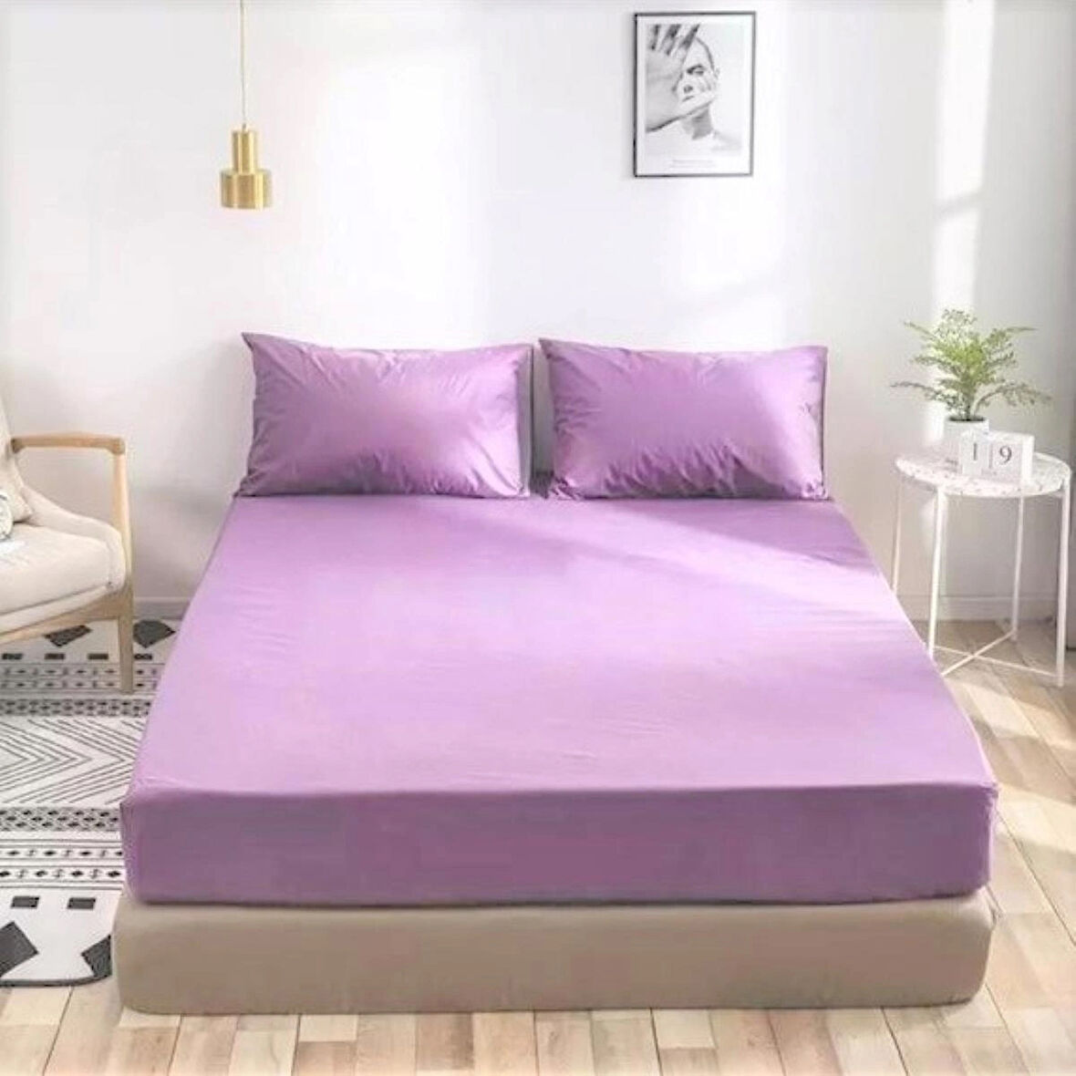 Lila Renkli Pamuklu Ranforce Kumaştan Tek/Çift Kişilik Fitted Çarşaf Takımı (120 x 200)