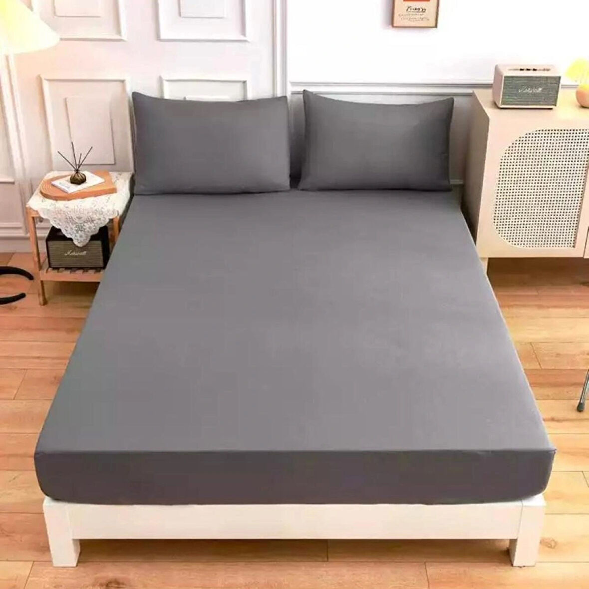 Antrasit Renkli Pamuklu Ranforce Kumaştan Tek/Çift Kişilik Fitted Lastikli Çarşaf Takımı (200 x 200)