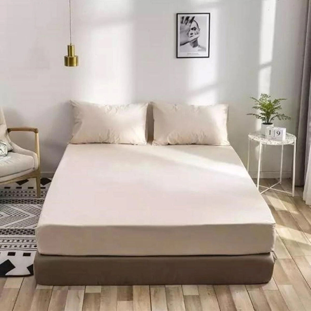 Bej Renkli Pamuklu Ranforce Kumaştan Tek/Çift Kişilik Fitted Lastikli Çarşaf Takımı (200 x 200)