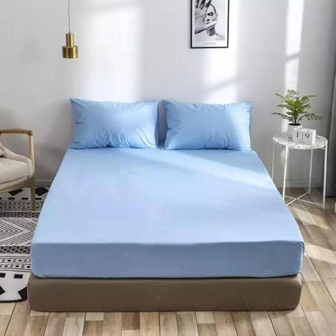 Mavi Renkli Pamuklu Ranforce Kumaştan Tek/Çift Kişilik Fitted Lastikli Çarşaf Takımı (200 x 200)