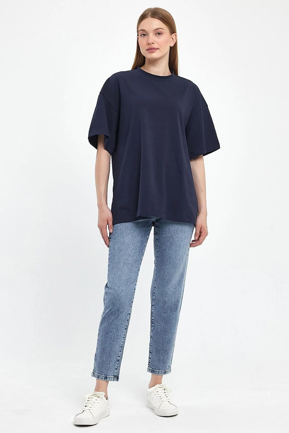 Mandarin Yaka Oversize Lacivert T-Shirt