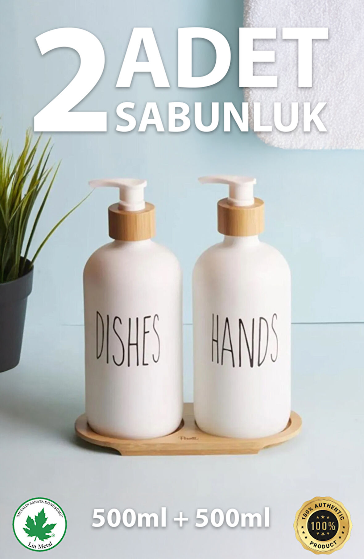 2’li Siyah-Beyaz Mutfak Sıvı Sabunluk Seti 500ml 500ml Bambu Tepsili Oval