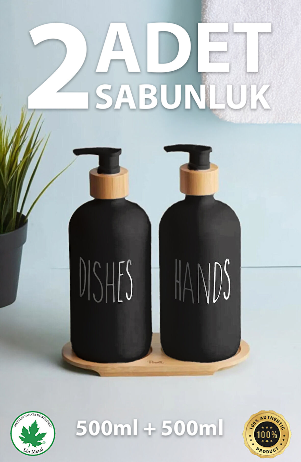 2’li Siyah-Beyaz Mutfak Sıvı Sabunluk Seti 500ml 500ml Bambu Tepsili Oval