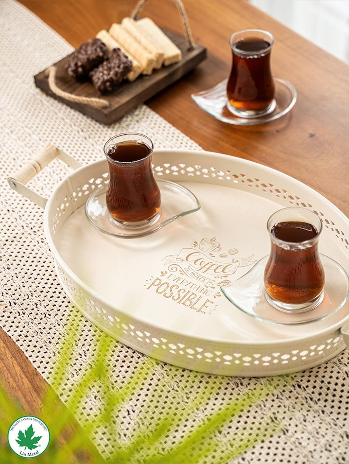 Tulipa Ahşap Kulplu Desenli Oval Metal Servis Tepsisi 37cm, Kahve Tepsisi, Sunum Tepsisi (Possible Baskılı)