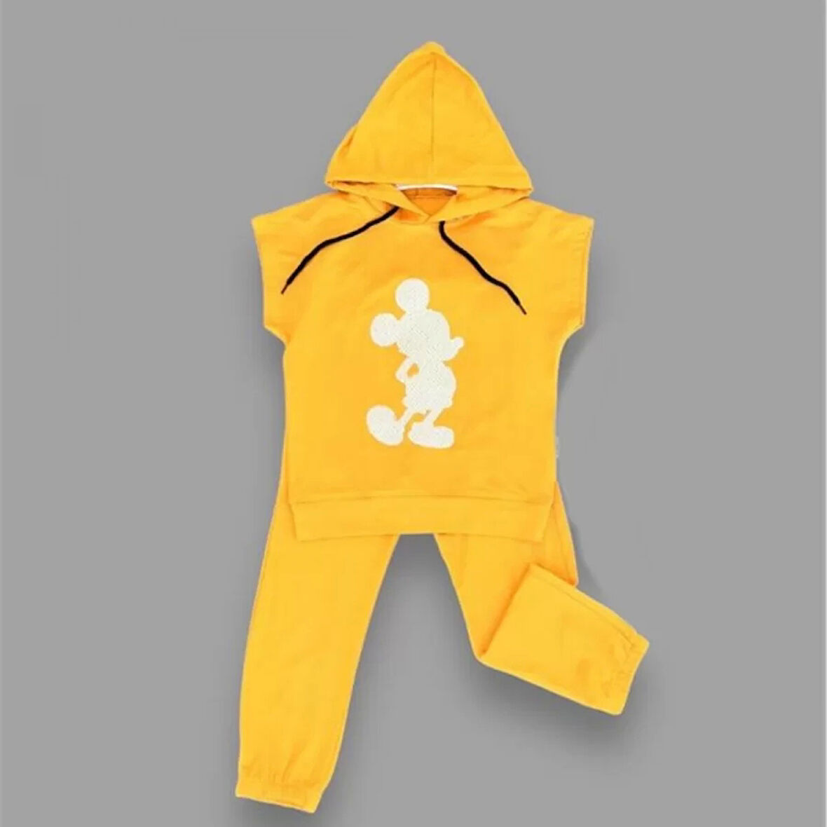 Lenaca 3-4-5 Yaş Kapşonlu Payetli Mickey Desenli Kısa Kol 2li Kız Erkek Çocuk Takımı