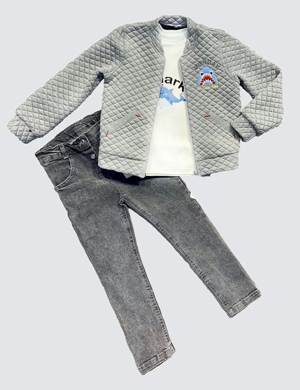 Lenaca 4-5-6 Yaş Kot Pantolonlu Pilot Mont Uzun Kollu Penye Sweat 3lü Erkek Çocuk Takımı